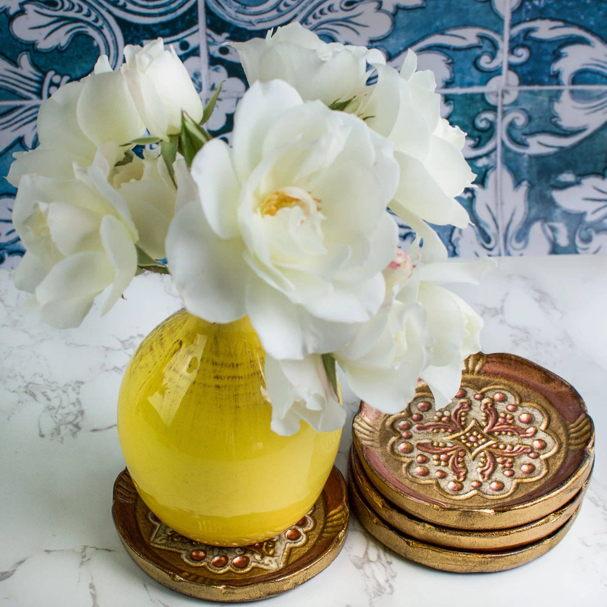 Set of 4 Florentine Wood Coasters: Pink