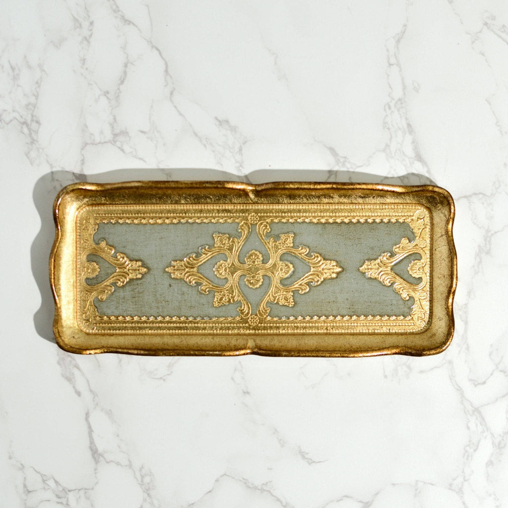 Florentine Carved Gilded Wood Narrow Tray, Made in Italy: Basil Green