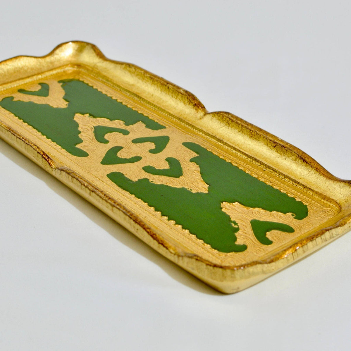 Florentine Carved Gilded Wood Narrow Tray, Made in Italy: Basil Green