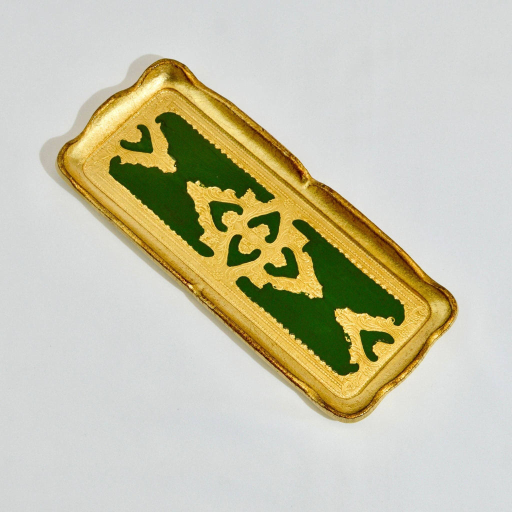 Florentine Carved Gilded Wood Narrow Tray, Made in Italy: Basil Green