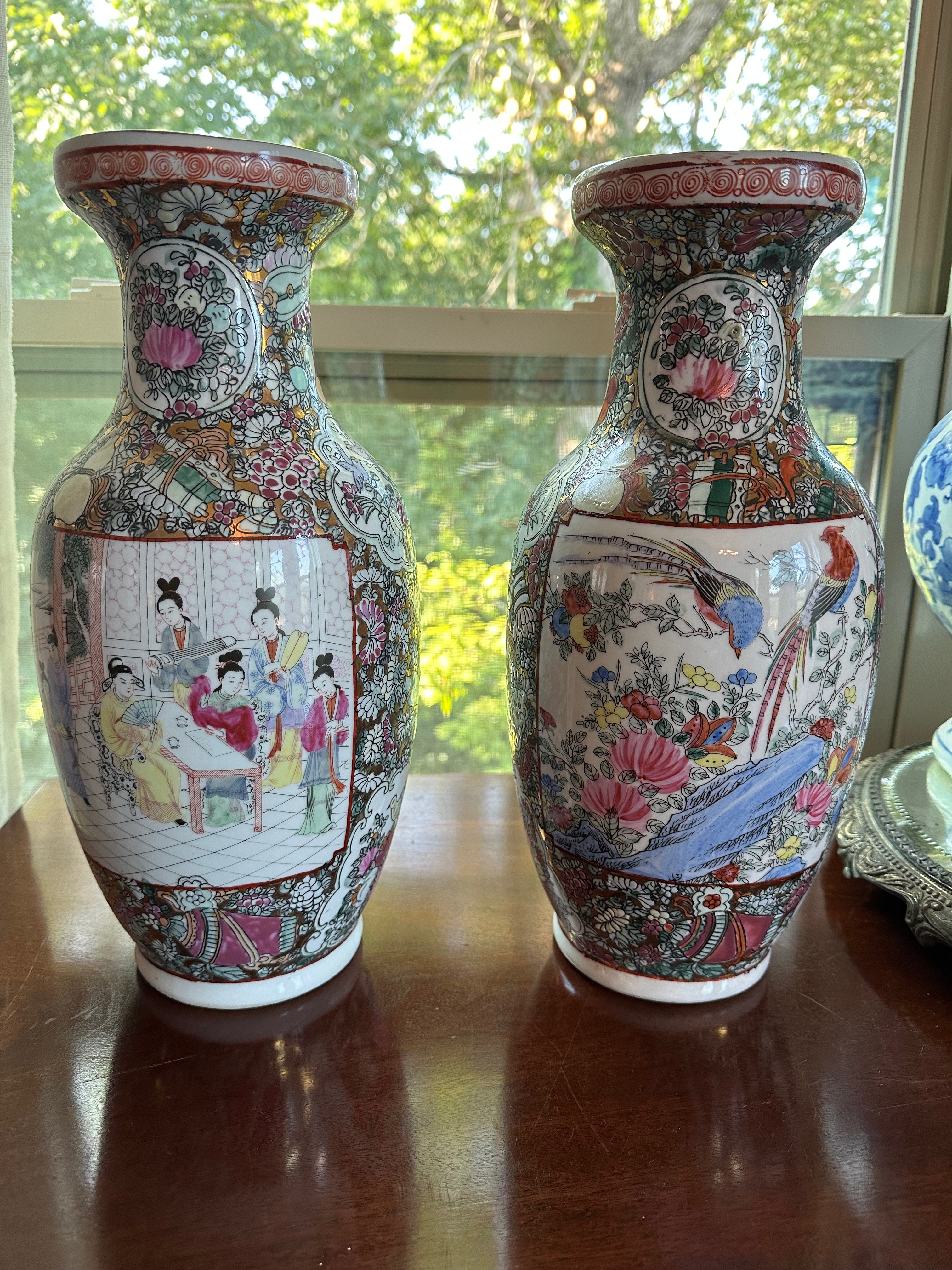 PAIR OF VINTAGE FAMILLE ROSE PORCELAIN VASES | 13.5"