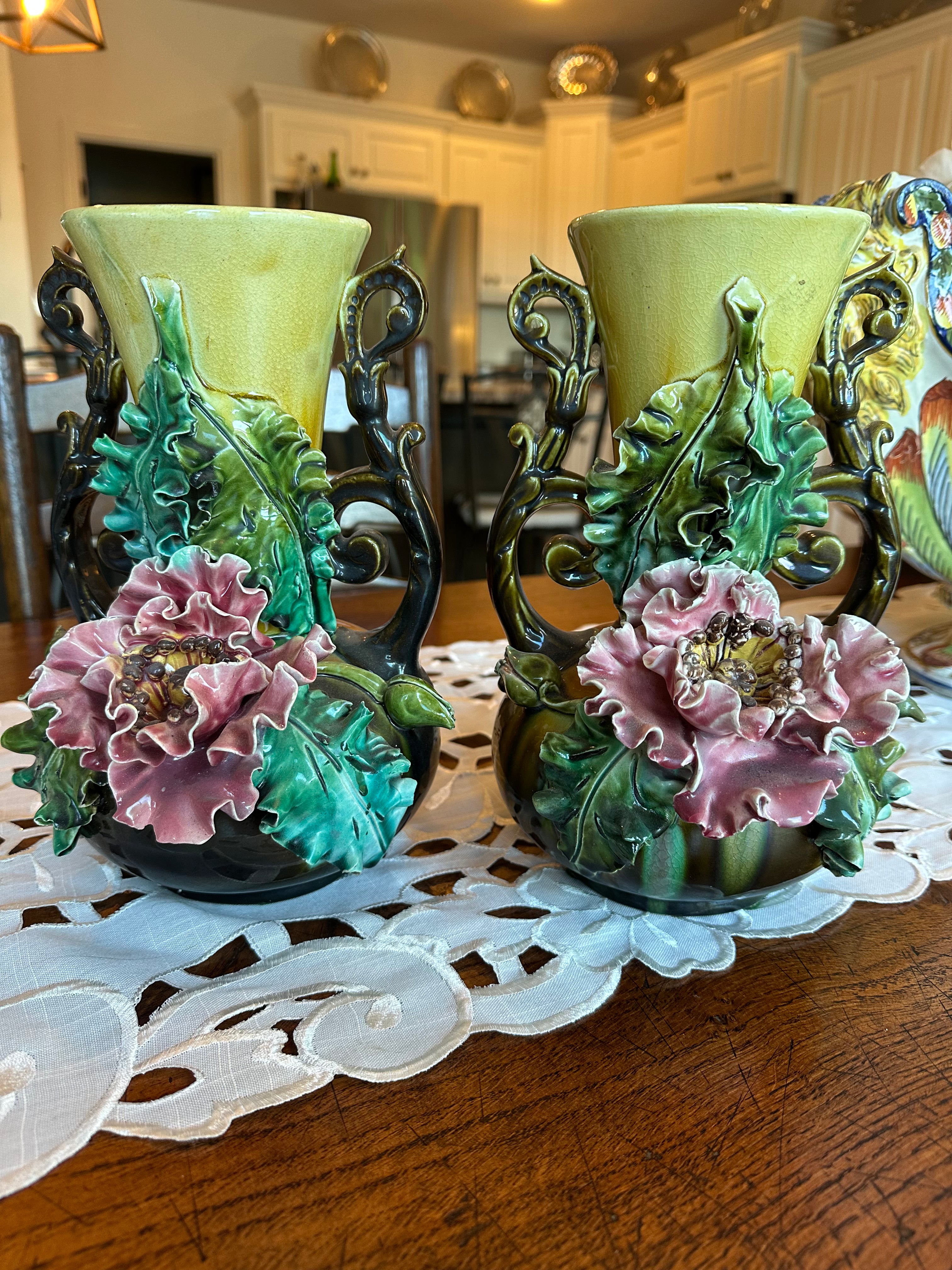 Antique French Barbotine Majolica Vases, Pair