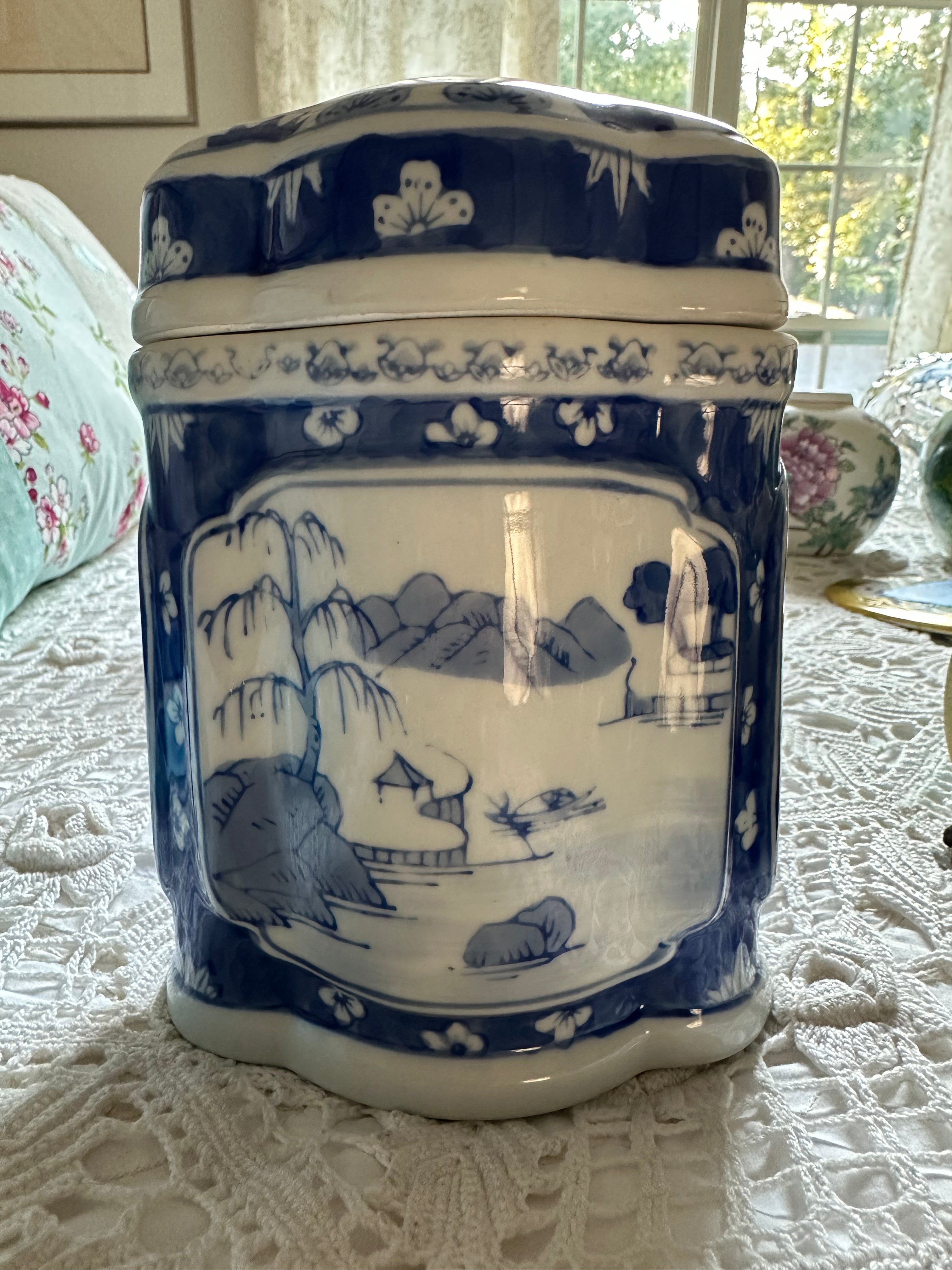 Vintage Blue & White Bow-Front Tea Caddy