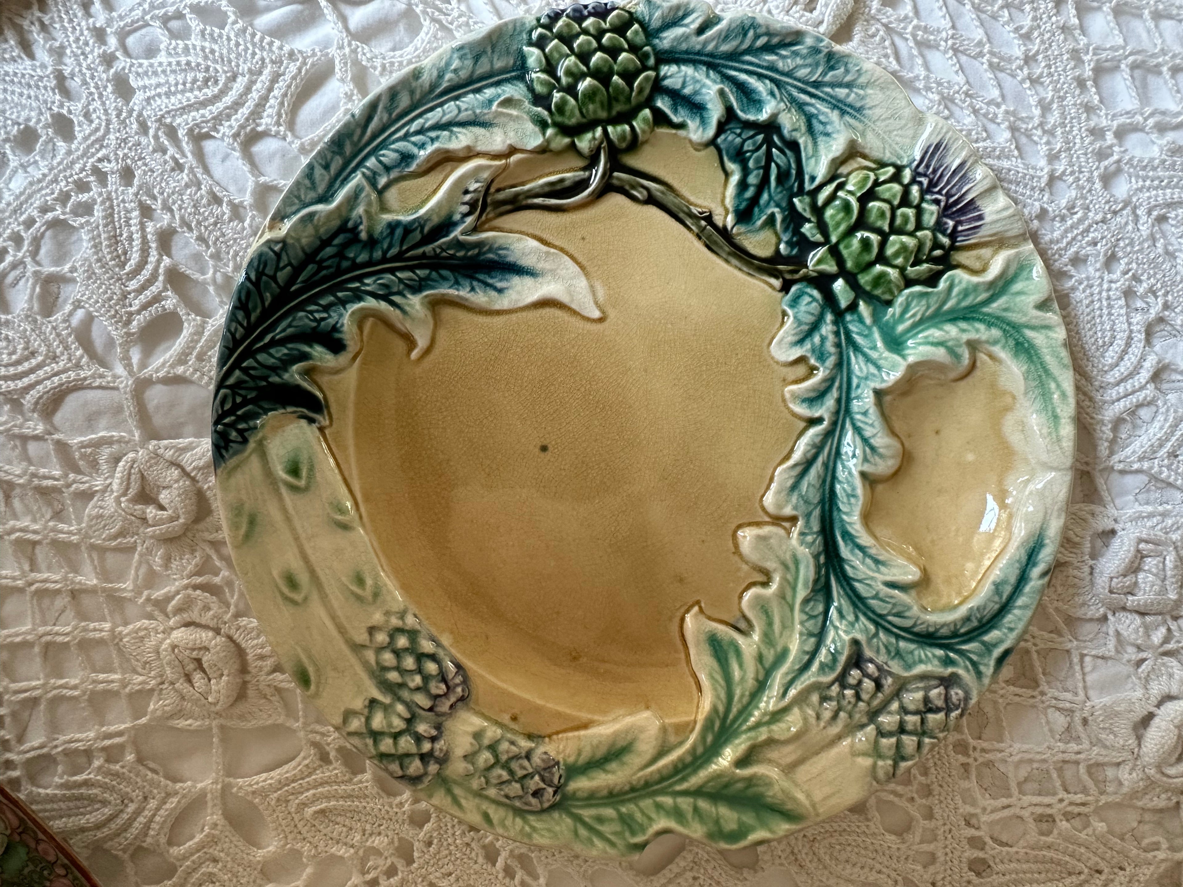 Antique French Majolica Asparagus & Artichoke Plate – Circa 1880s