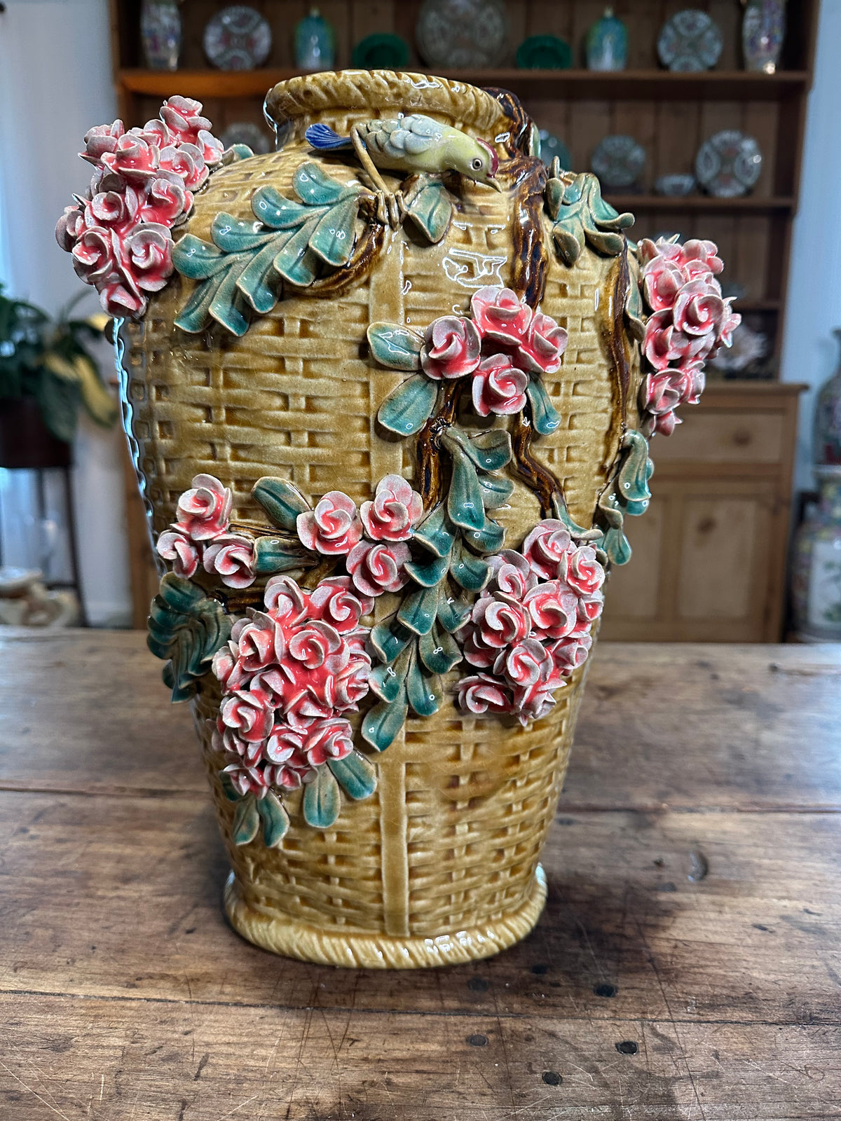 Antique Majolica Floral Vase – 15.5”