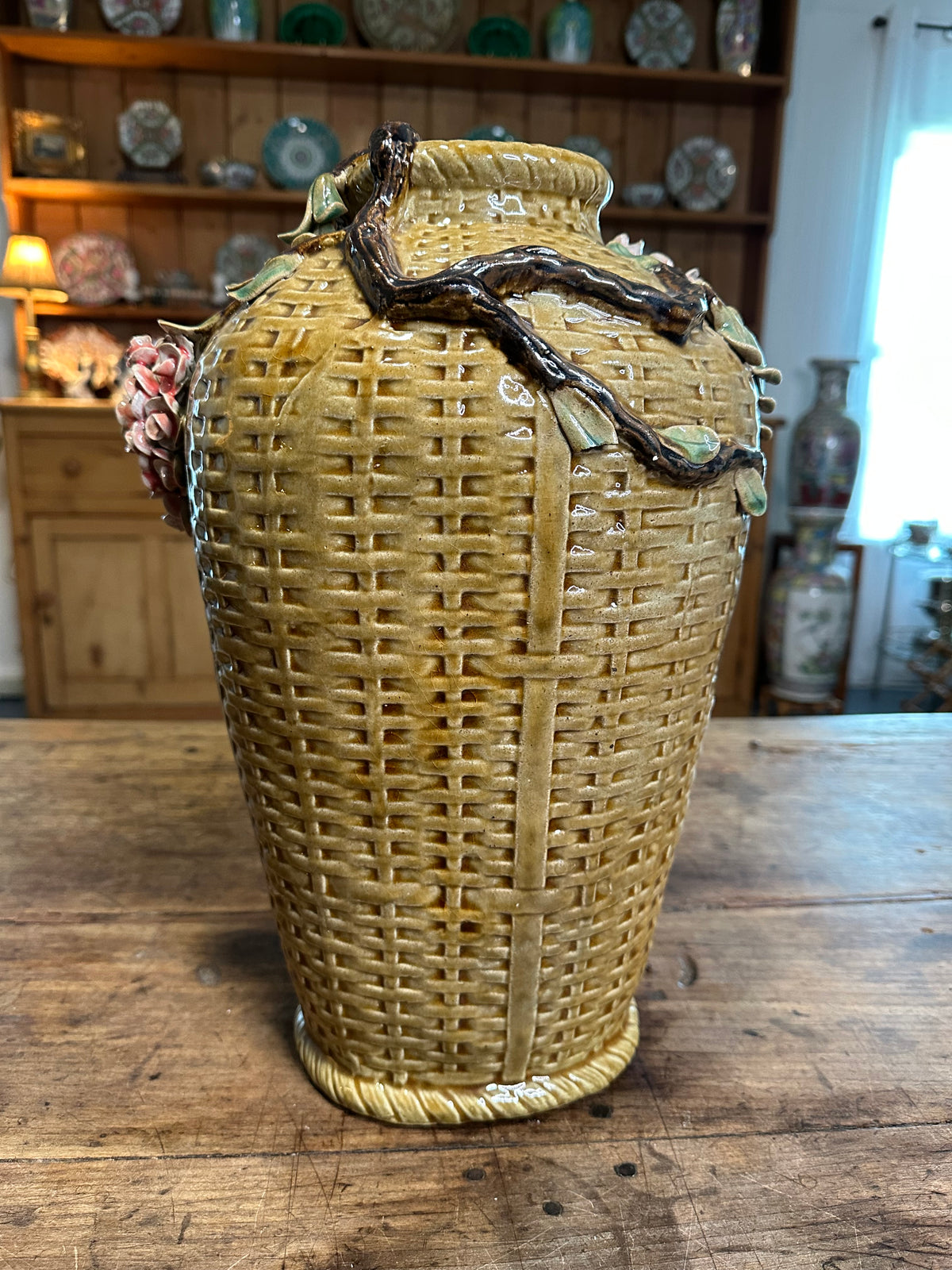 Antique Majolica Floral Vase – 15.5”