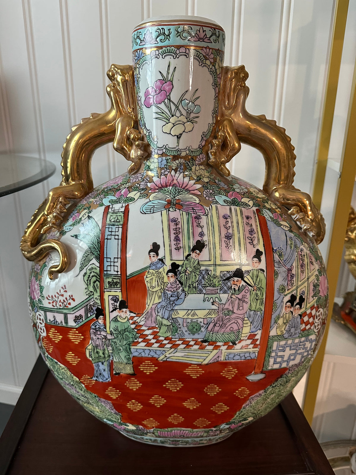 Vintage Chinese Famille Rose Porcelain Moon Flask with Gilt Dragon Handles – 21”