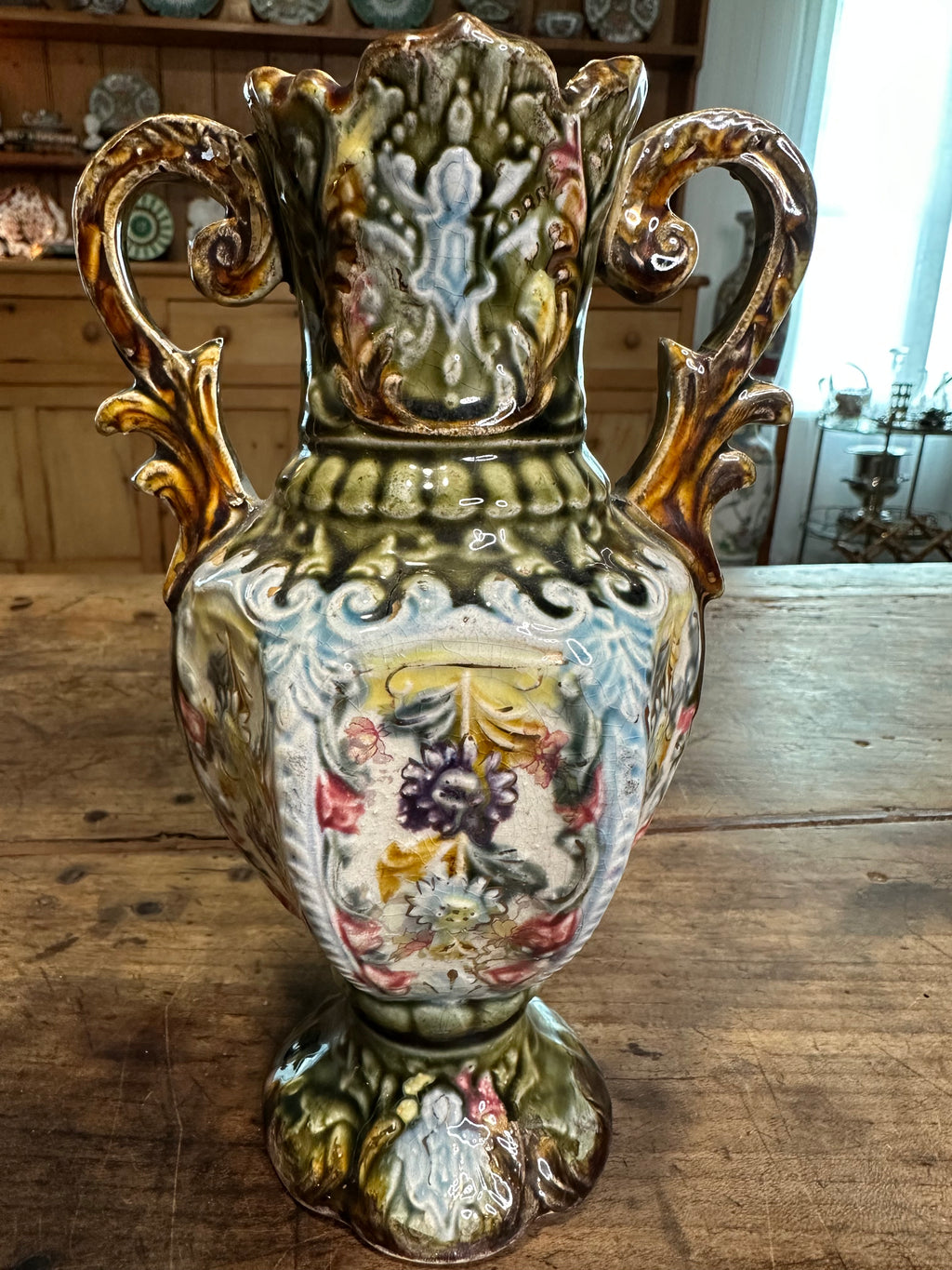Vintage Majolica-Style Floral Vase with Double Handles – 8.75”