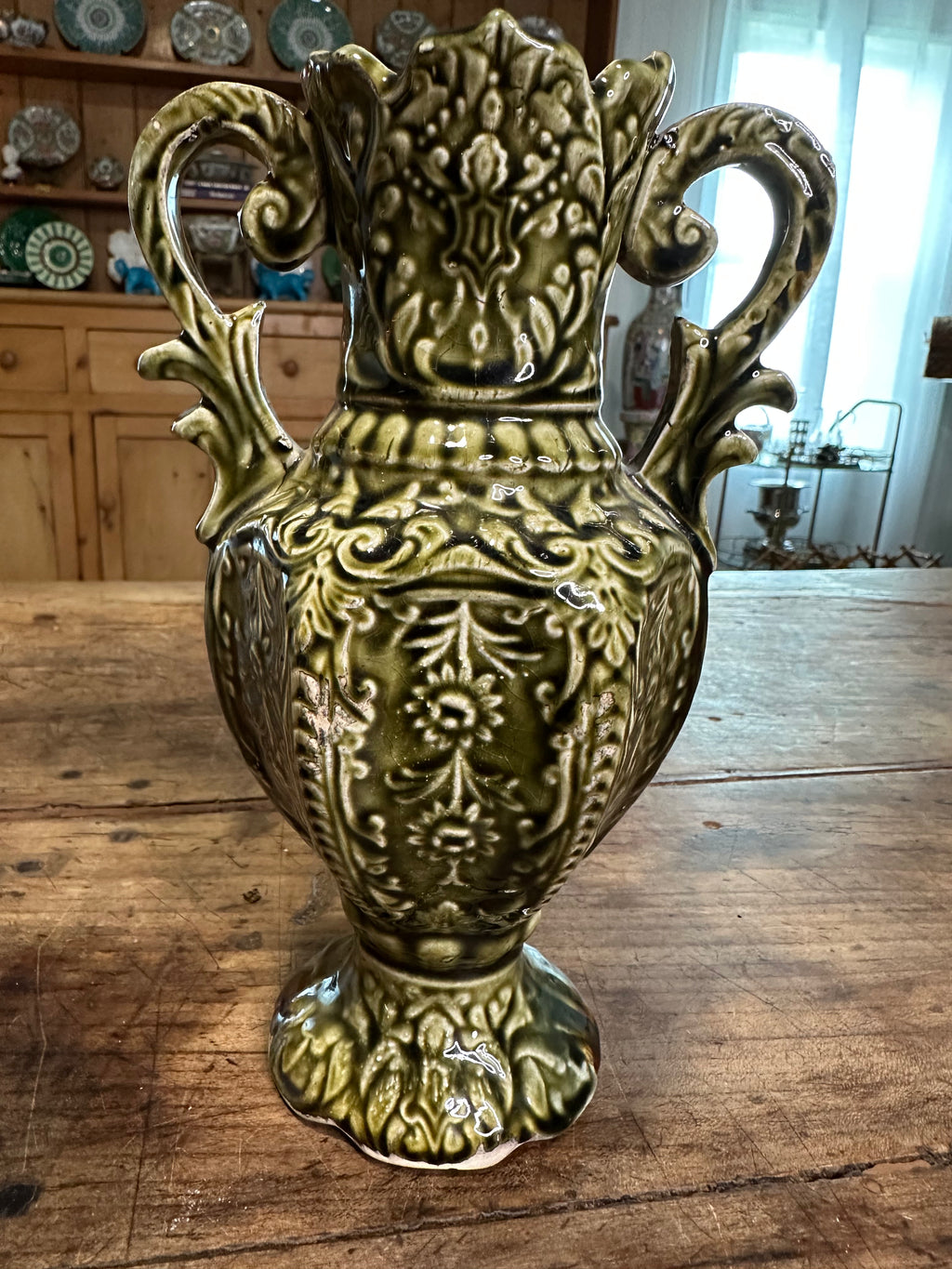 Vintage Majolica-Style Floral Vase with Double Handles – 8.75”