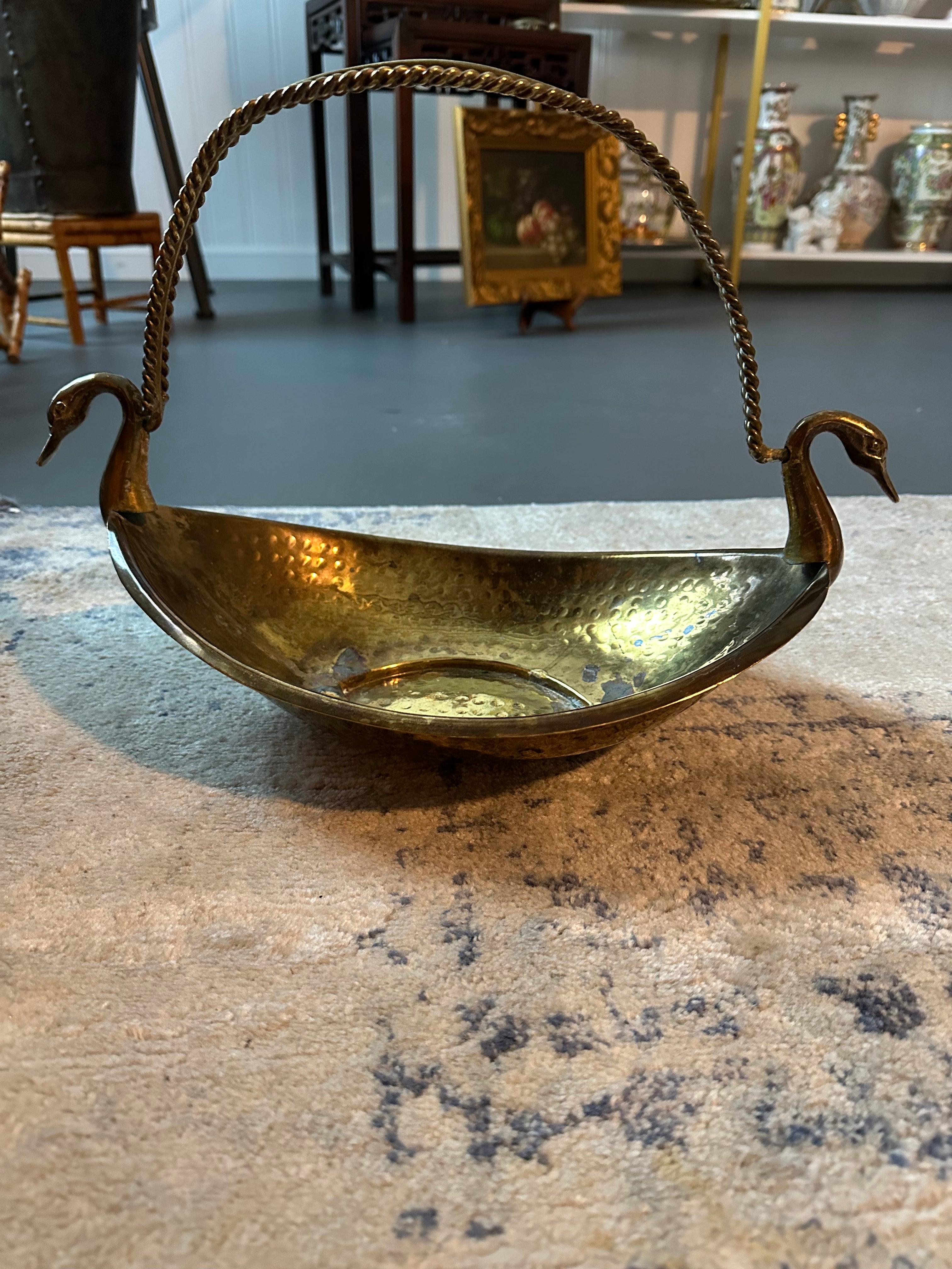 Vintage Hammered Brass Jardinière with Swan Handles