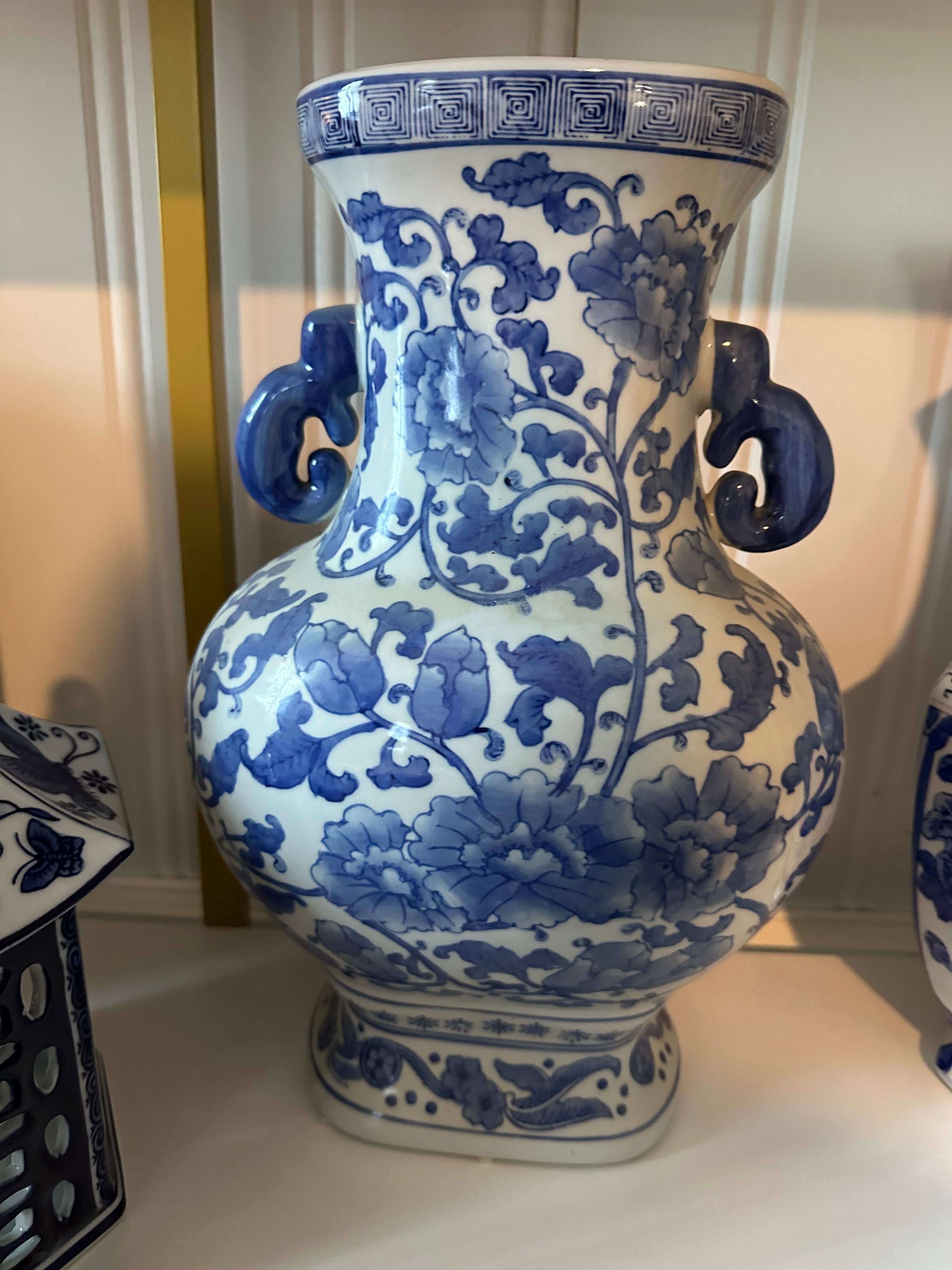Vintage Blue & White Vase with Salamander Handles