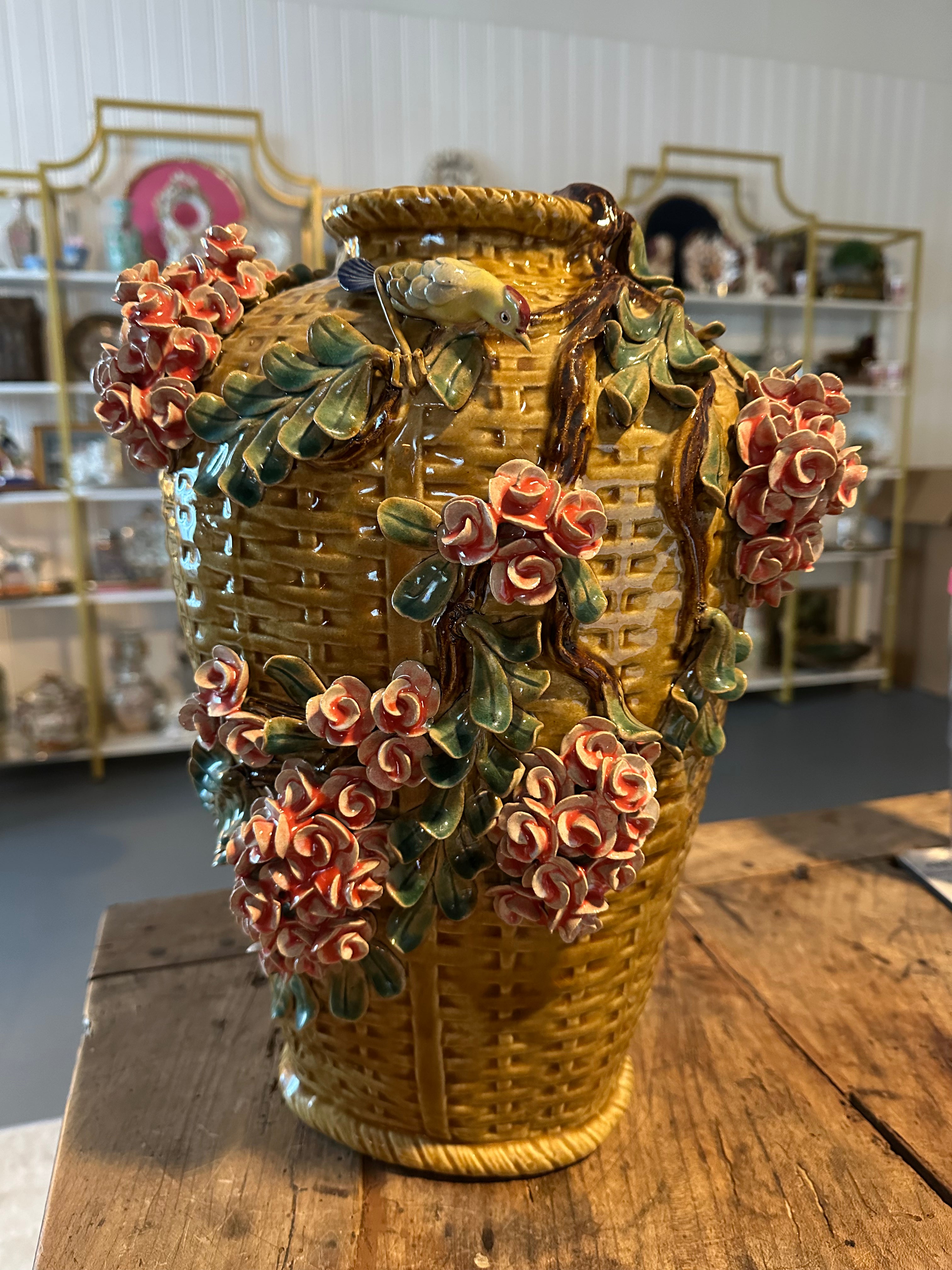 Antique Majolica Basket Weave Floral & Bird Vase – 15.5"