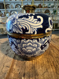 Vintage Blue & White Lidded Jar with Brass Accents