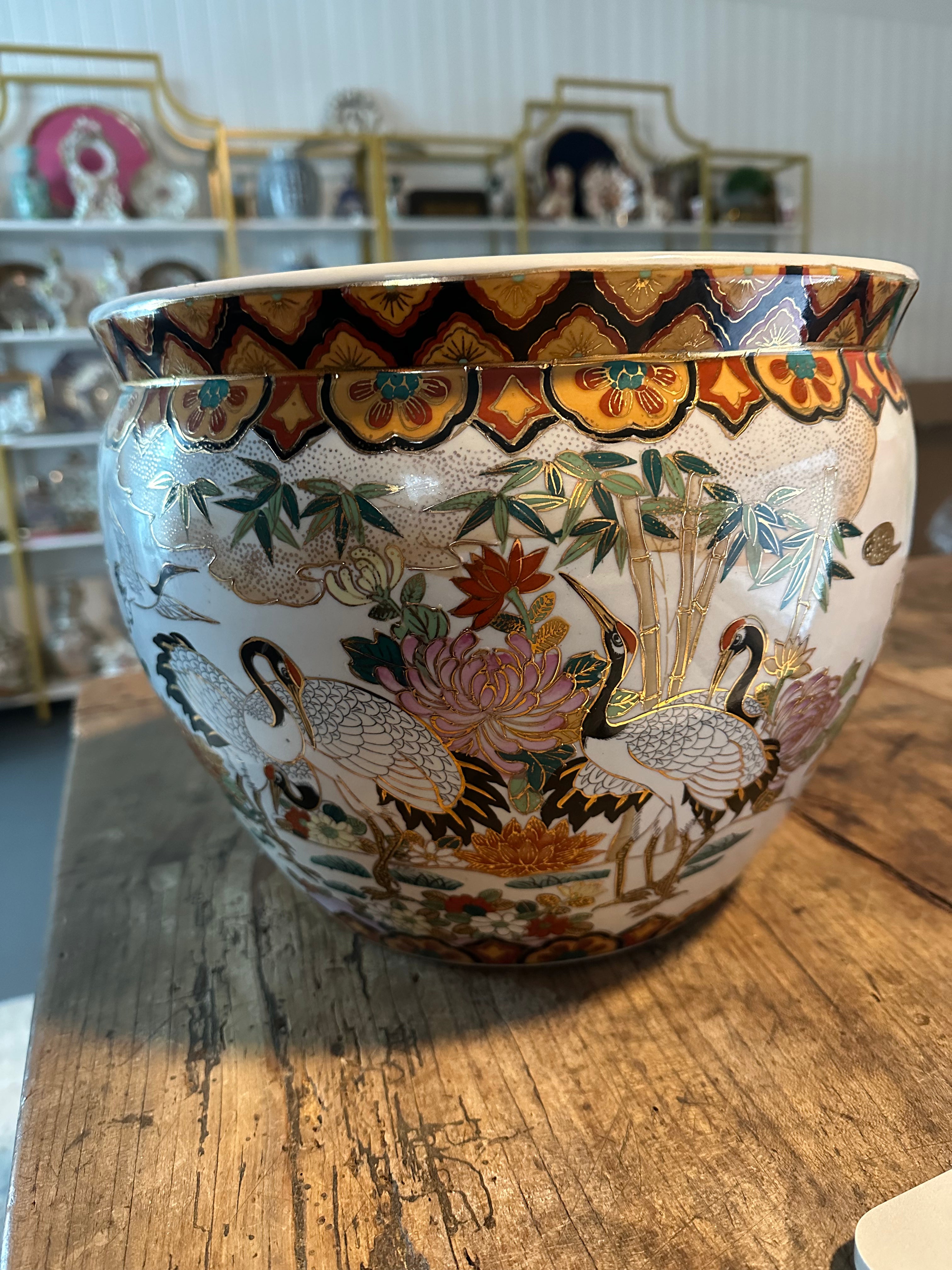 Vintage Crane & Koi Fish Bowl Planter – 12.5 Inches