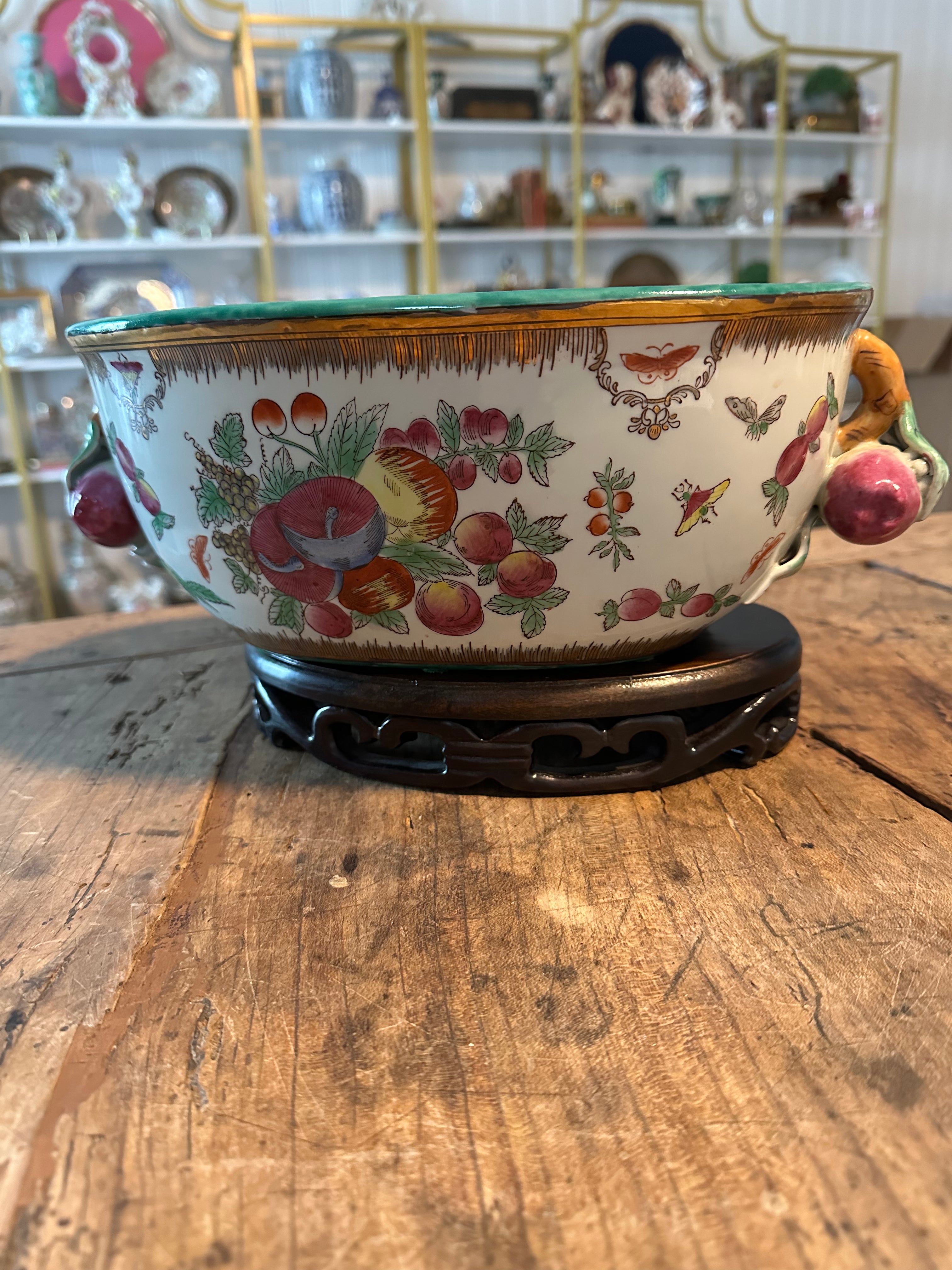 Vintage United Wilson Porcelain Foot Bath with Wooden Riser – Pomegranate Motif