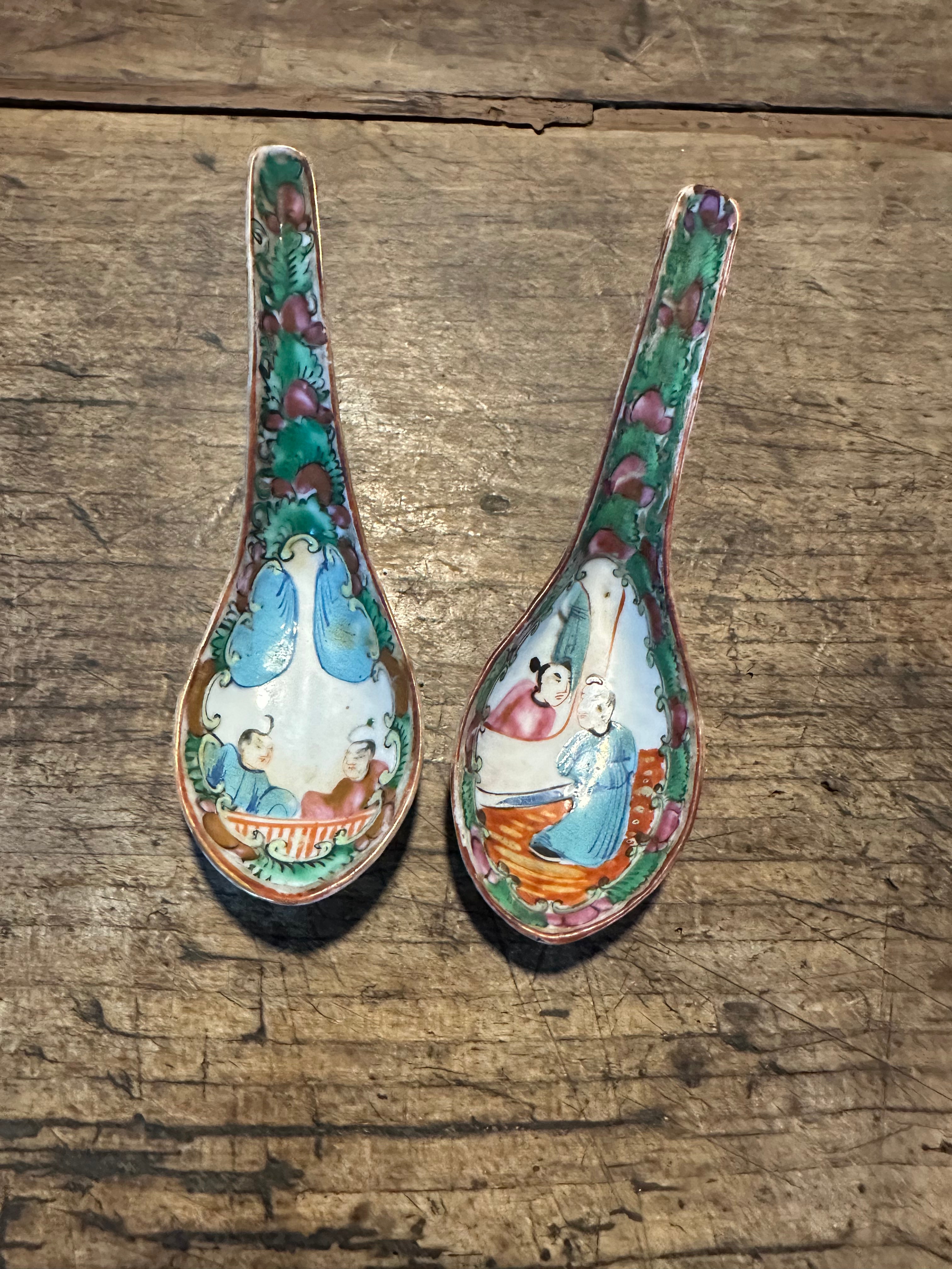 Antique Chinese Rose Medallion Porcelain Soup Spoons – Pair