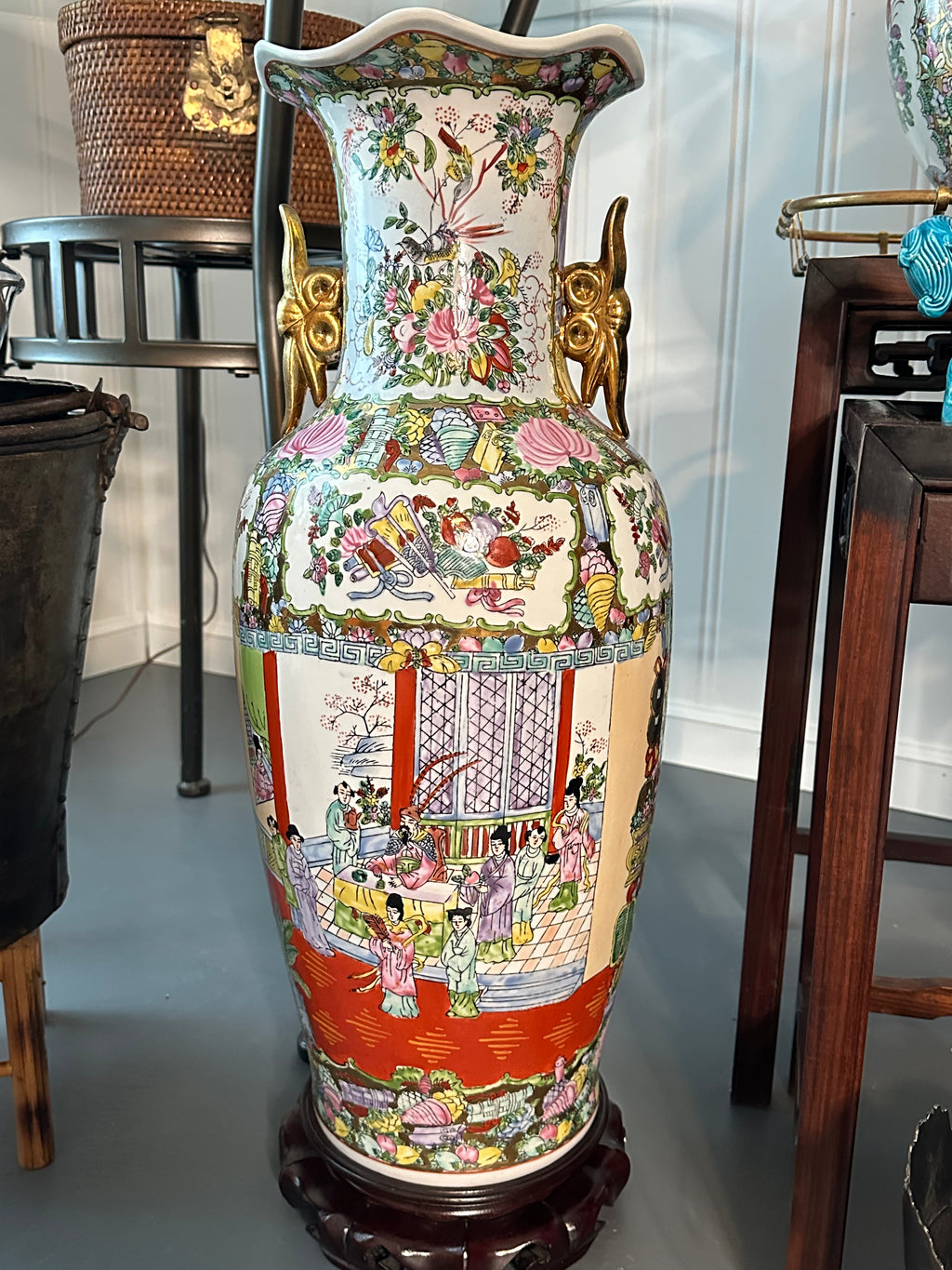 Vintage Chinese Famille Rose Floor Vase with Gilded Handles – 24"