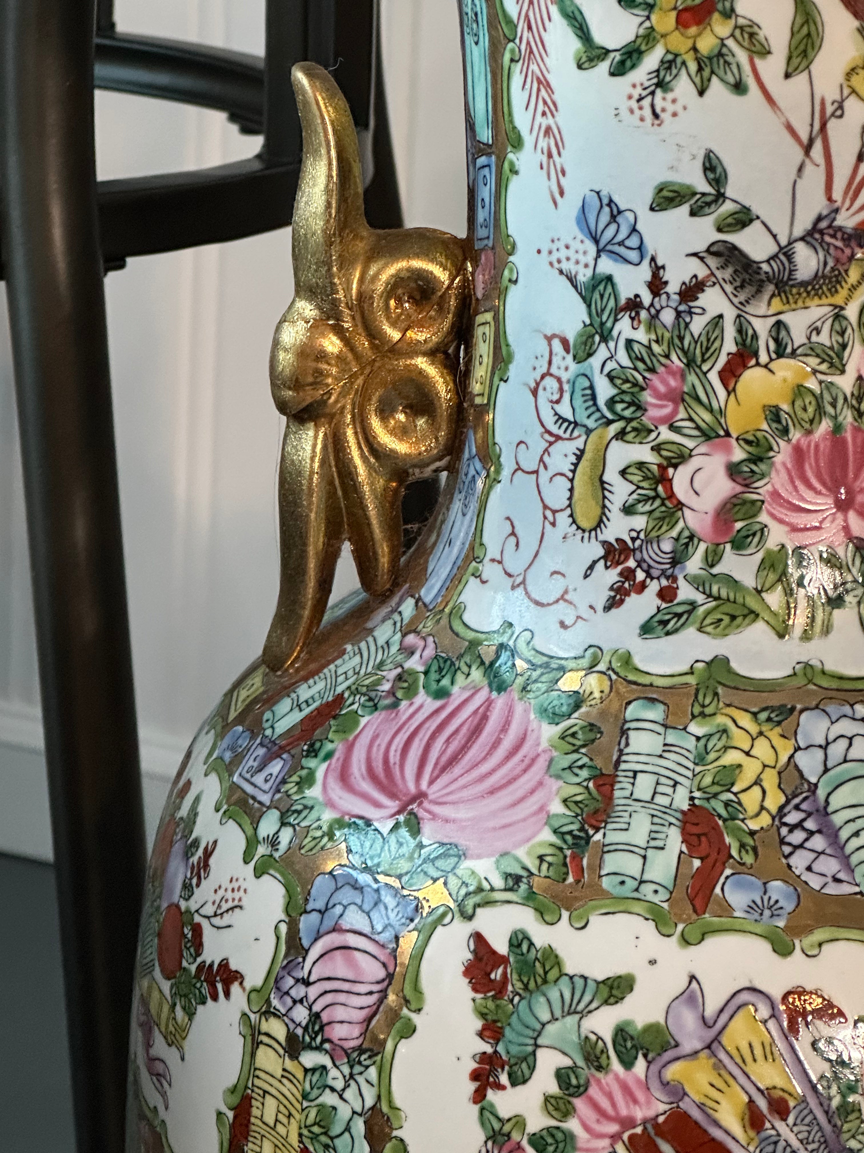 Vintage Chinese Famille Rose Floor Vase with Gilded Handles – 24"