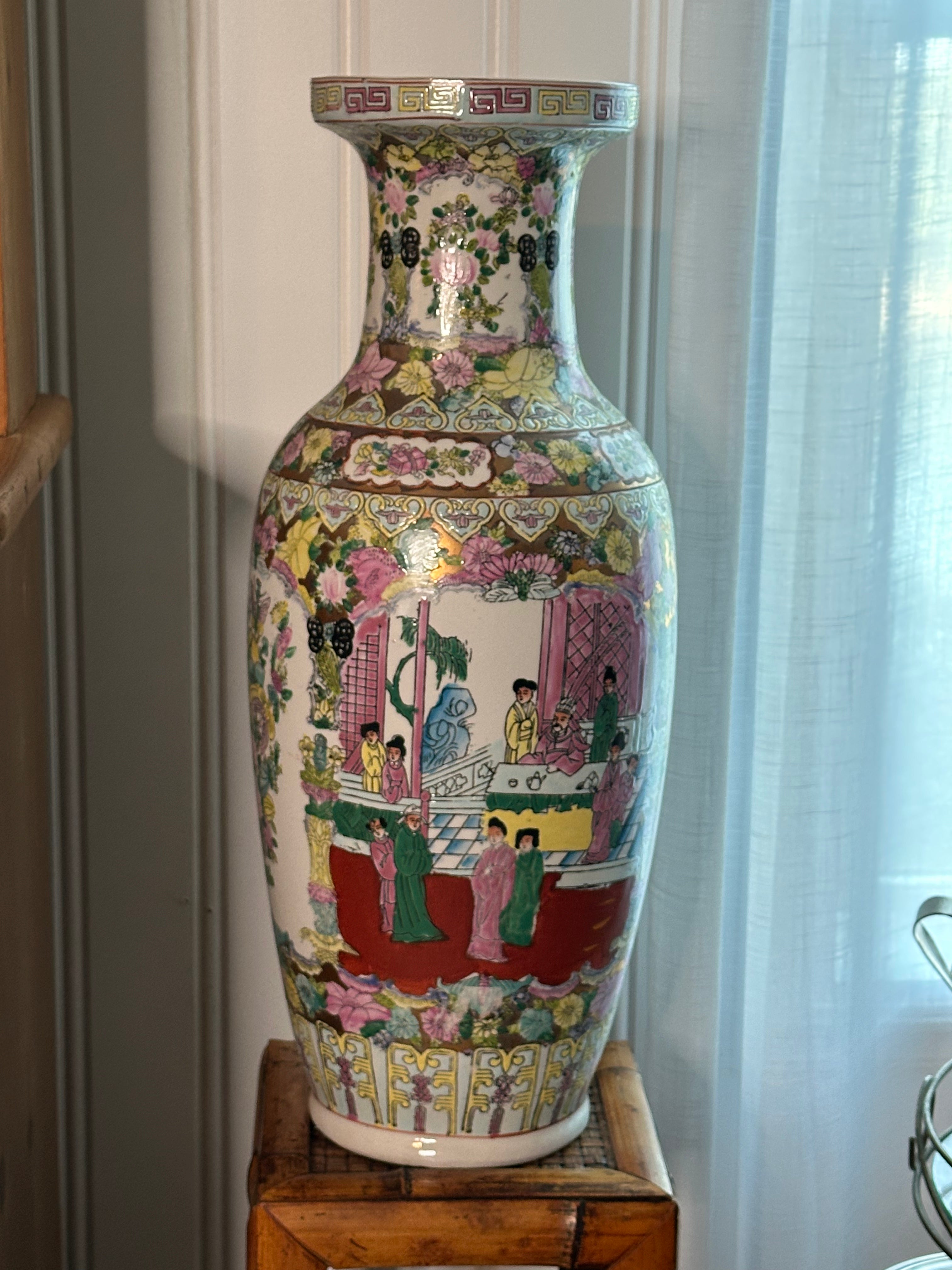 Vintage Chinese Rose Medallion Floor Vase – 25"