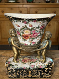 Vintage Chinoiserie Floral Cachepot with Gilt Cherub Figures