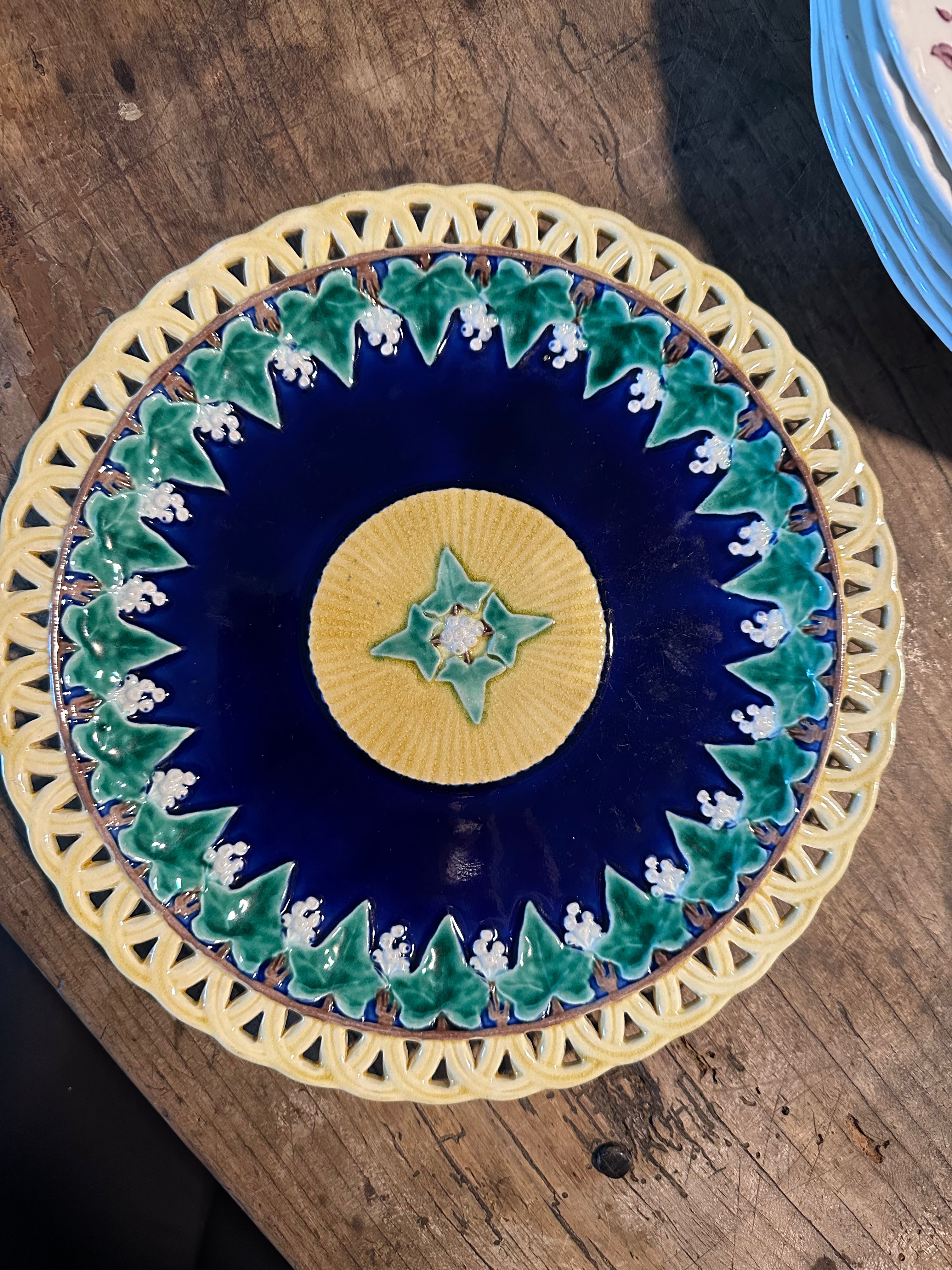 Antique Wedgwood Majolica Ivy & Basket Weave Plate, Circa 1878
