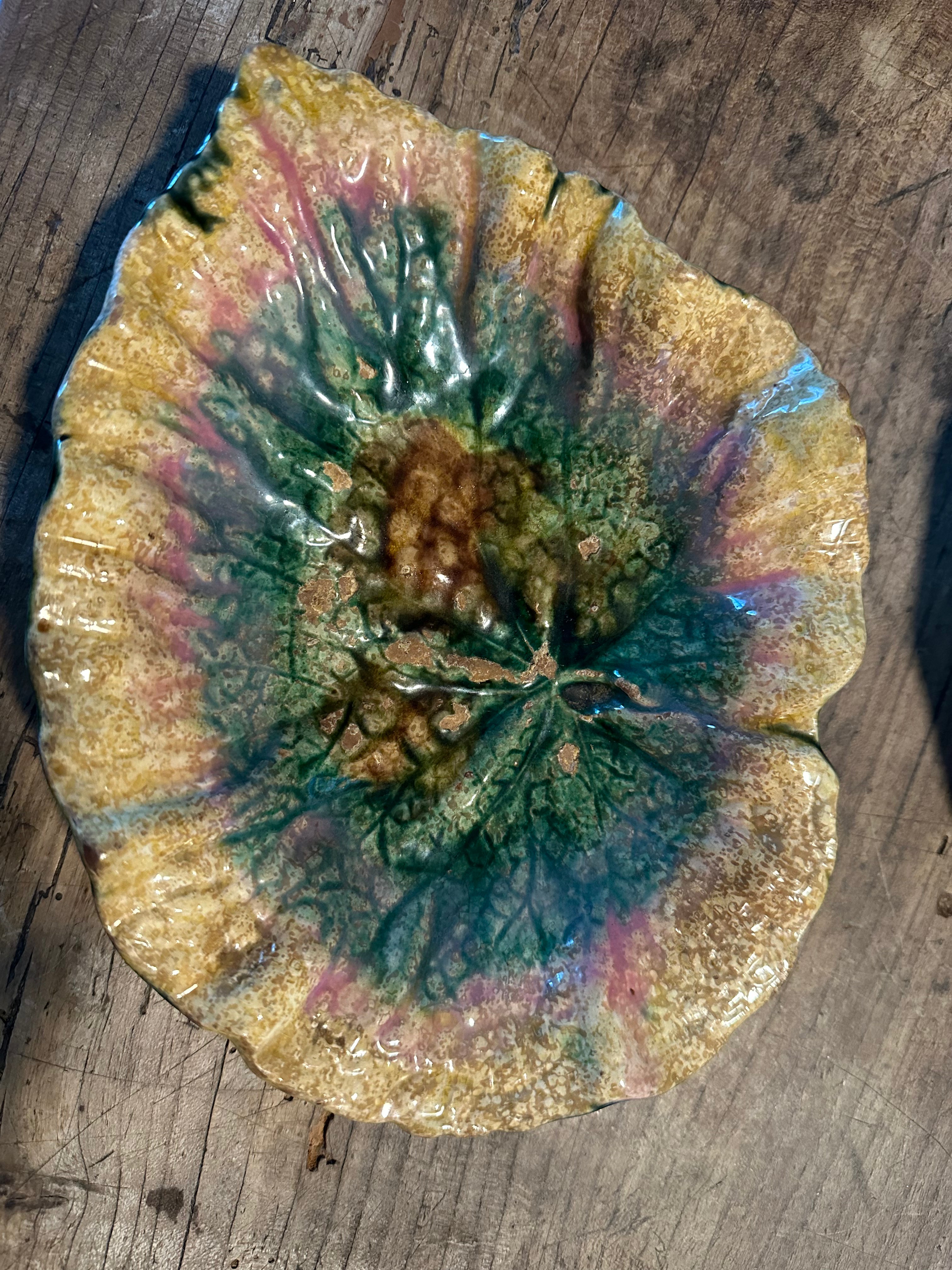 Antique Gien Majolica Begonia Leaf Dish