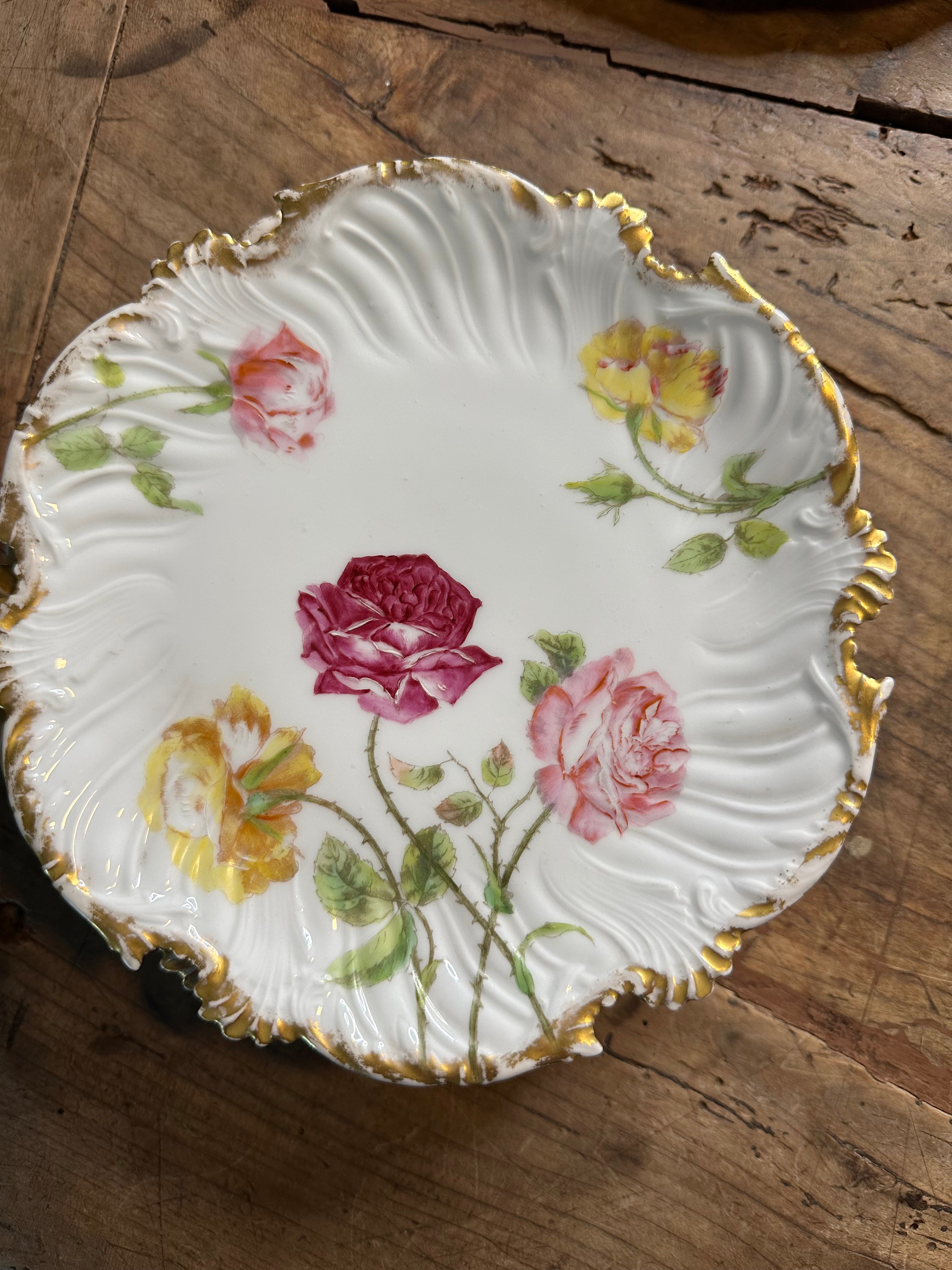 Antique T&V Limoges France Floral Plates with Gilt Scalloped Edge
