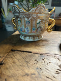 Vintage Porcelain Figural Cachepot with Gilt Handles & Scalloped Rim