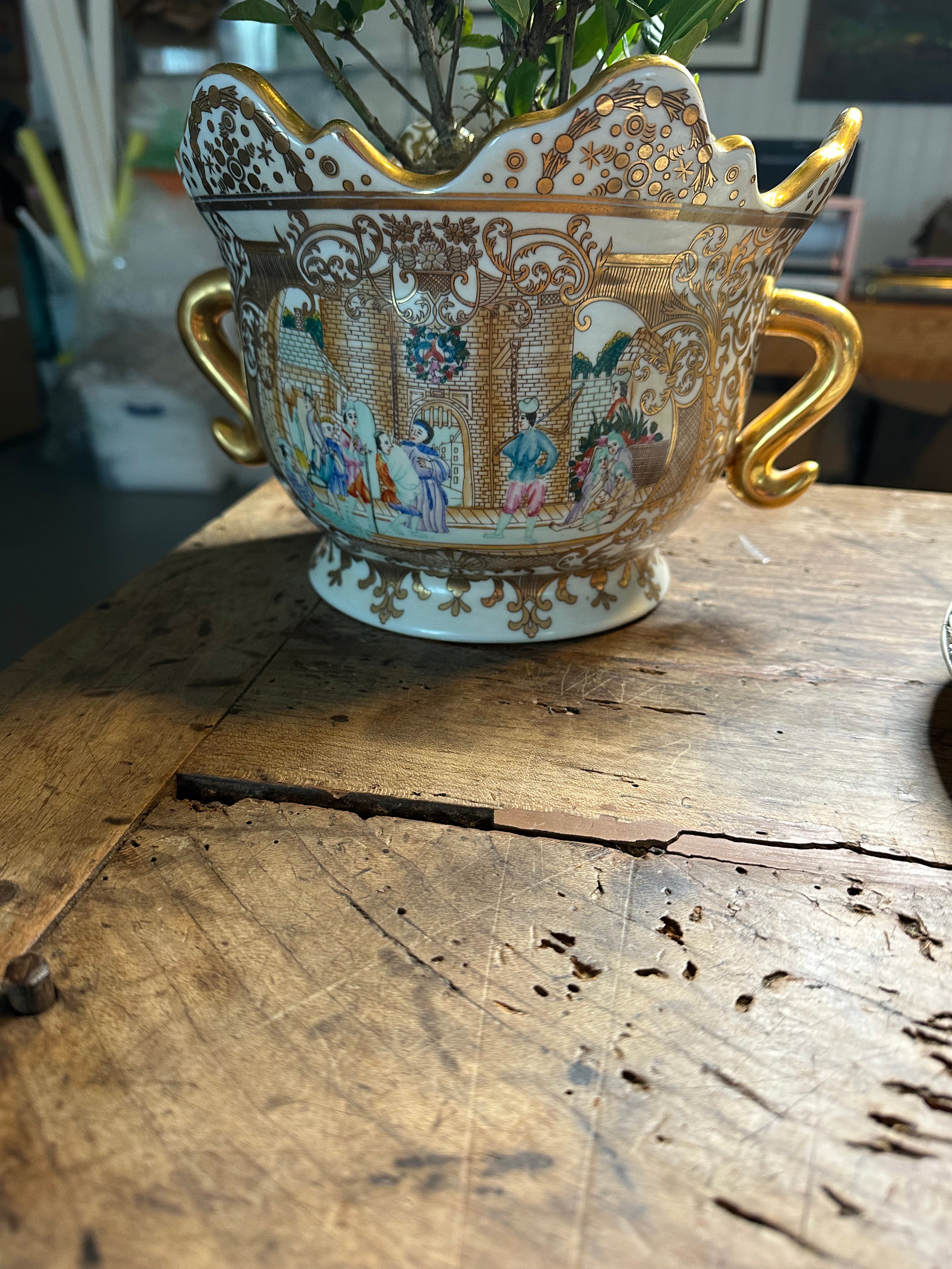 Vintage Porcelain Figural Cachepot with Gilt Handles & Scalloped Rim