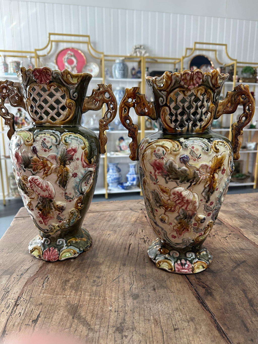 Pair of Antique Majolica Reticulated Vases with Sculptural Handles