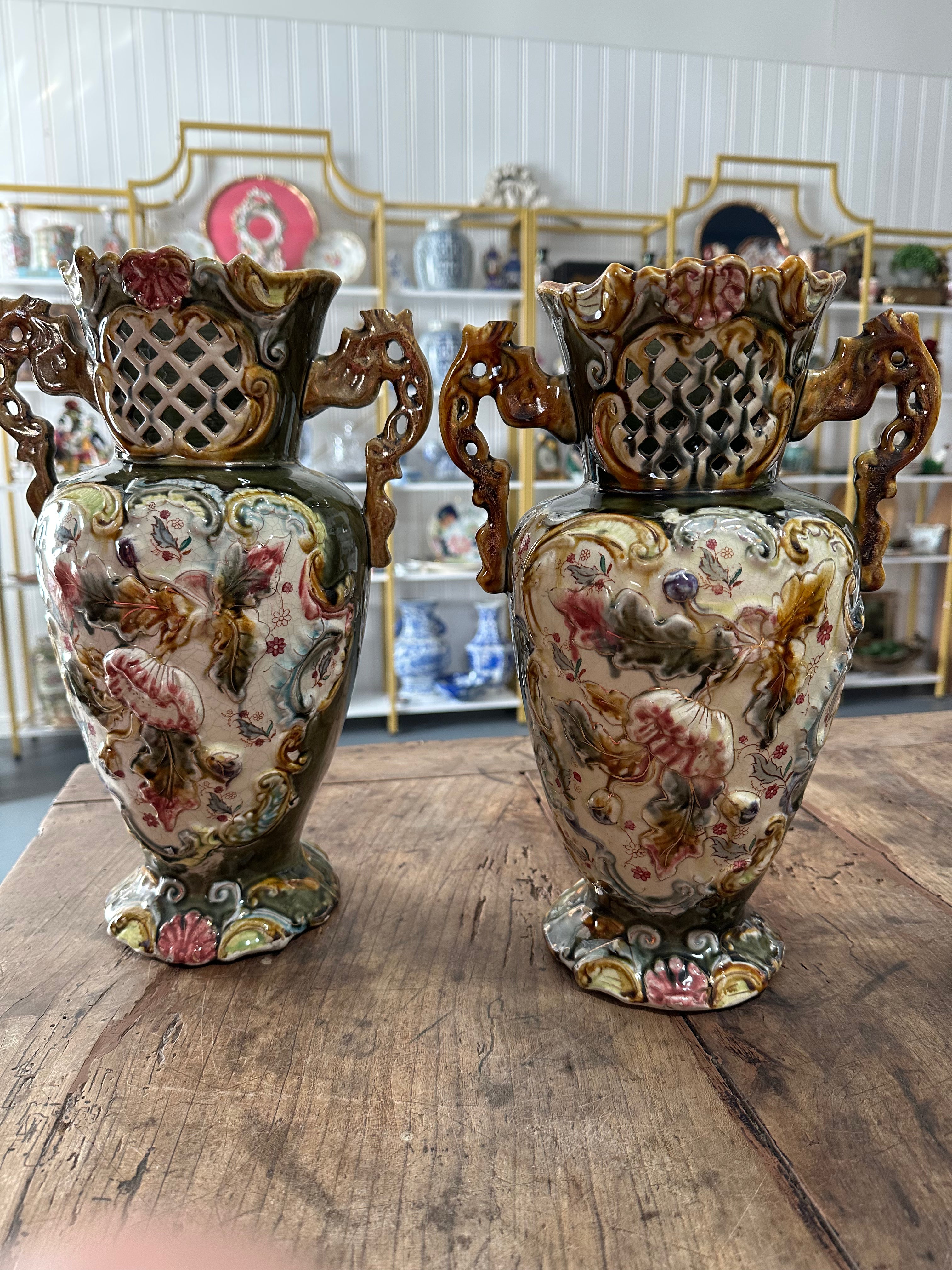 Pair of Antique Majolica Reticulated Vases with Sculptural Handles