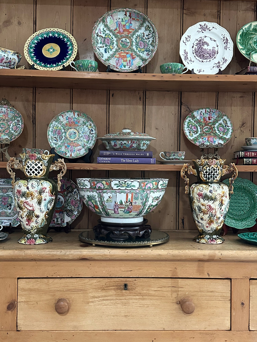 Pair of Antique Majolica Reticulated Vases with Sculptural Handles
