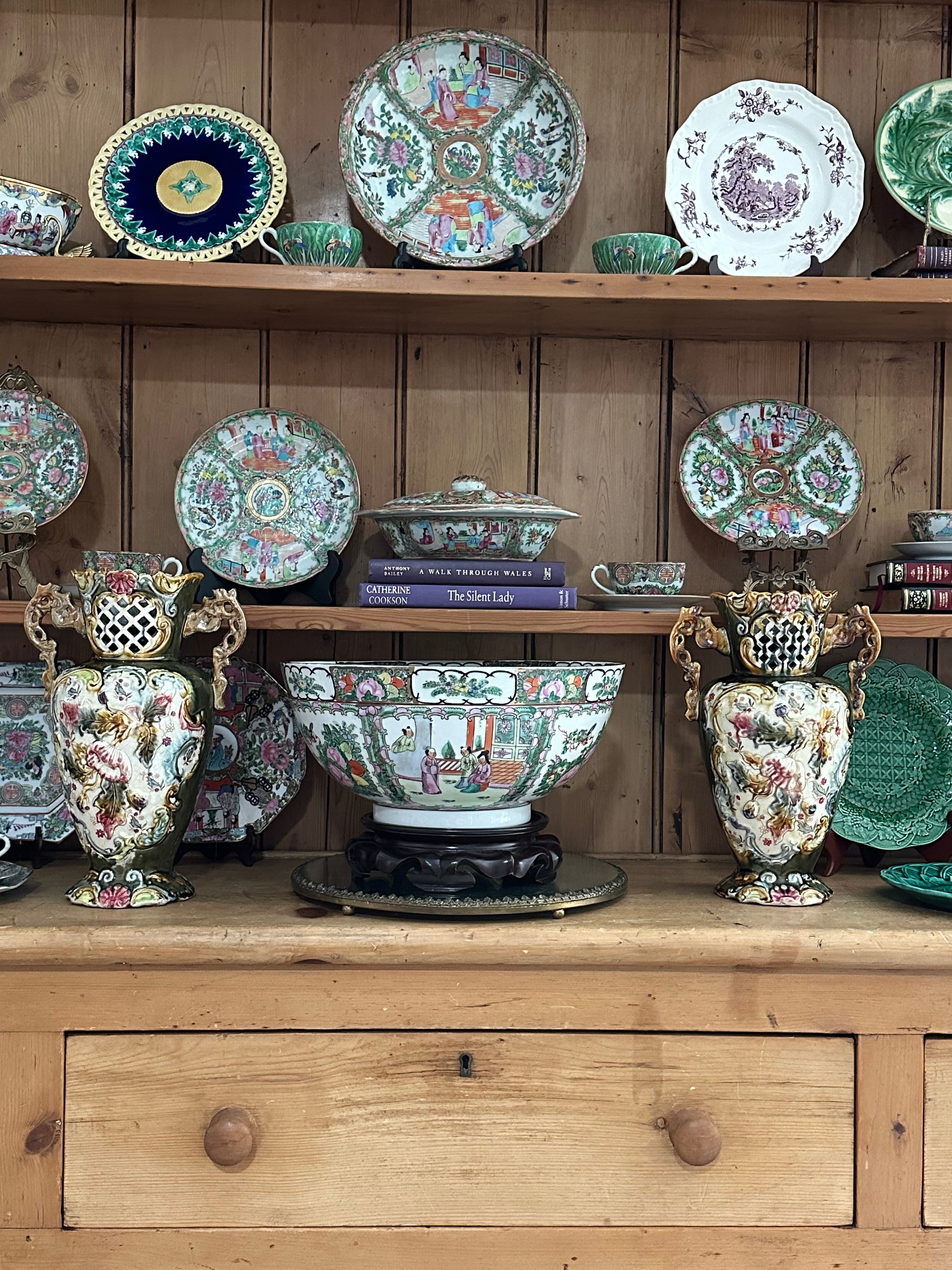 Pair of Antique Majolica Reticulated Vases with Sculptural Handles