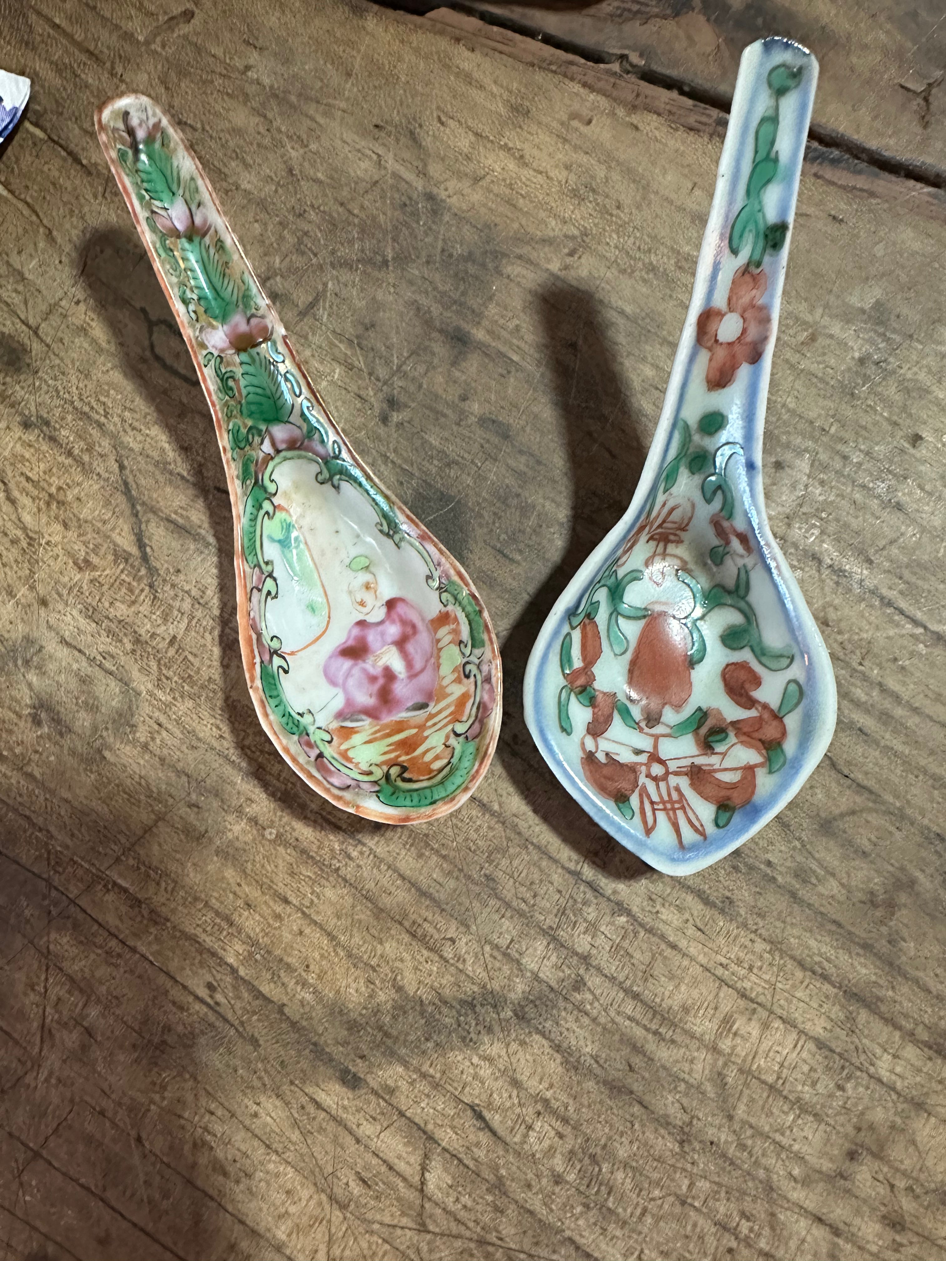 Pair of Antique Rose Medallion Porcelain Spoons