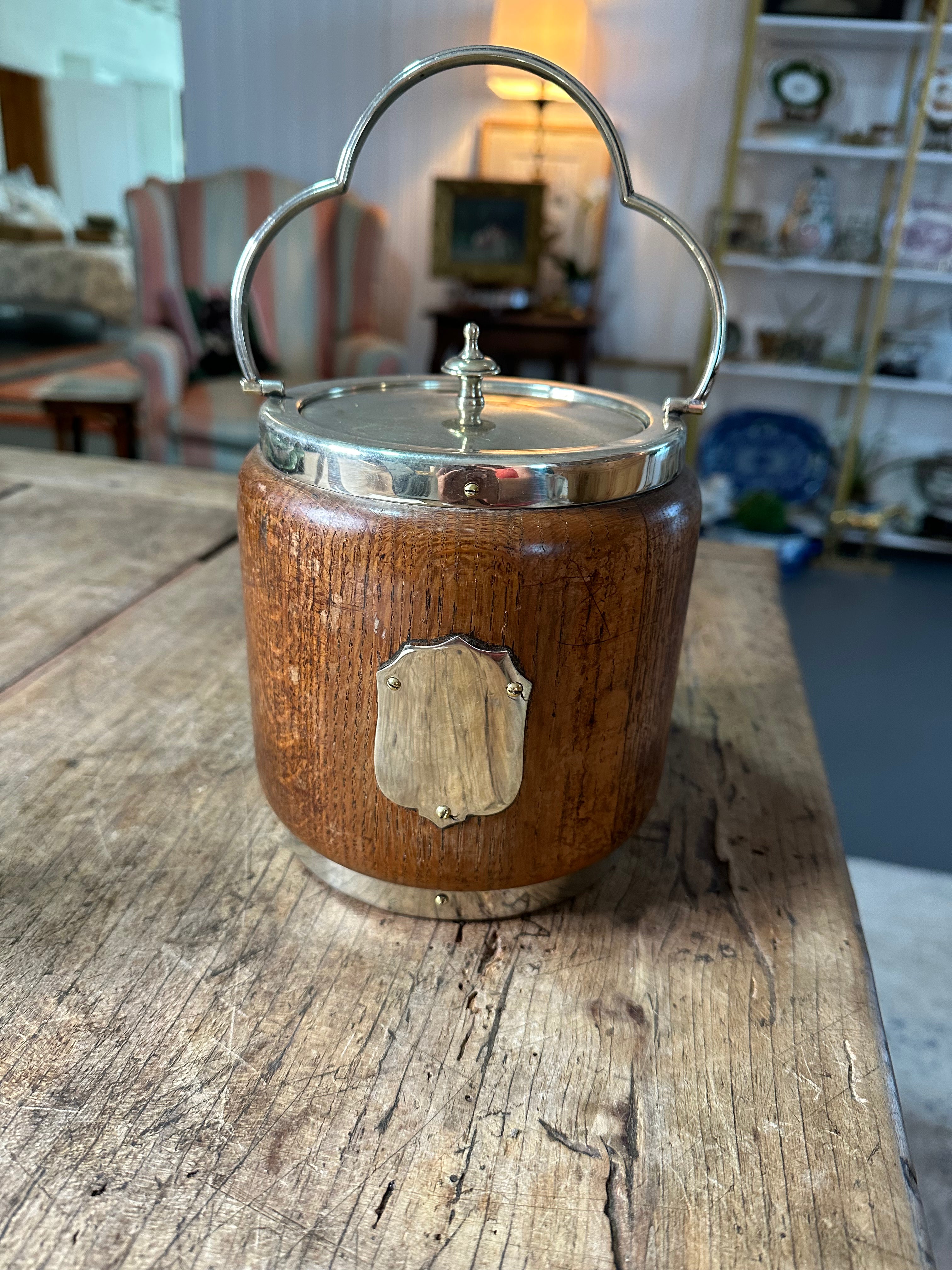 Wood & Brass Biscuit Barrel with Porcelain Liner