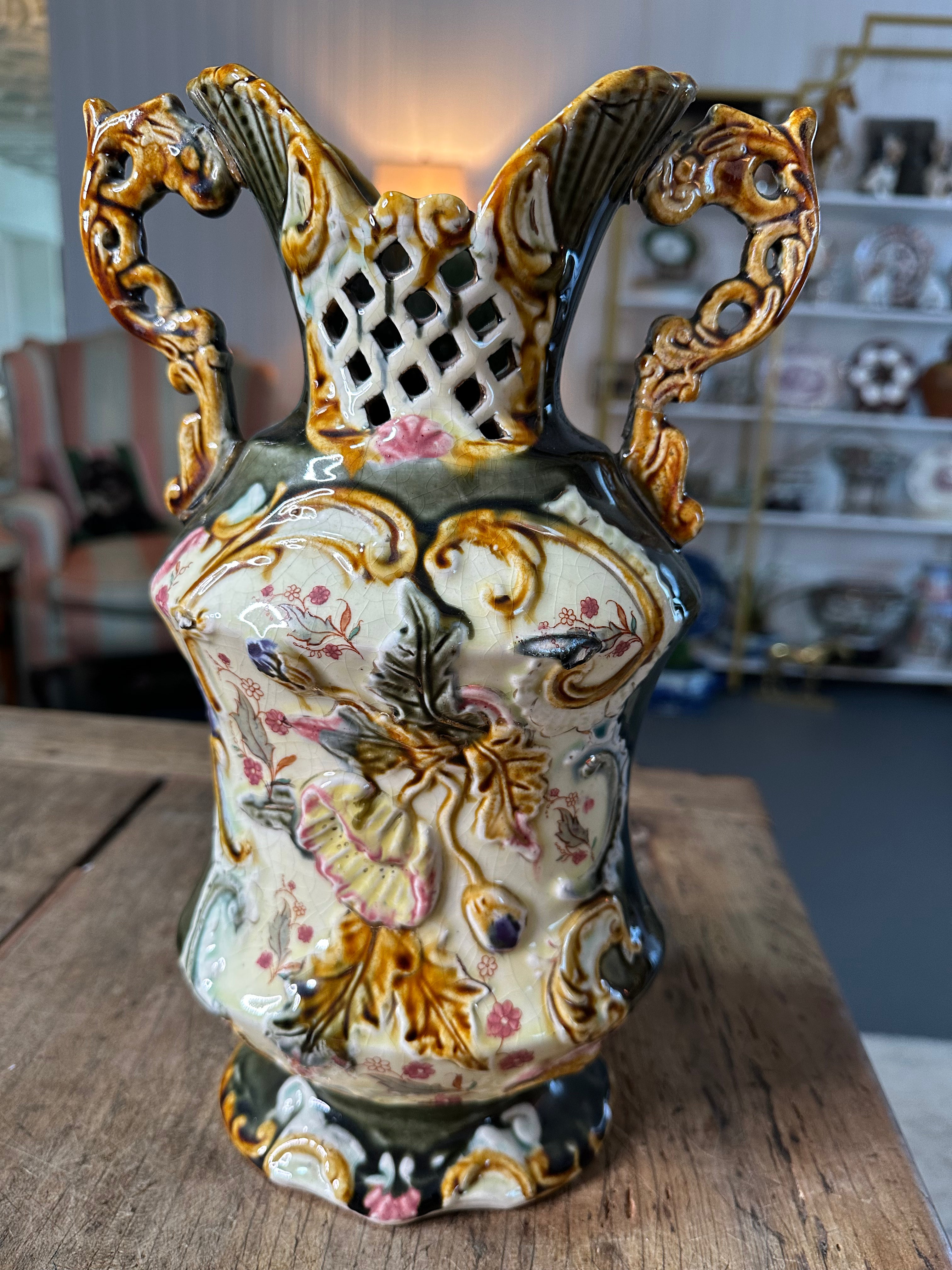 Antique Majolica Reticulated Double-Handled Vase, Circa 1900