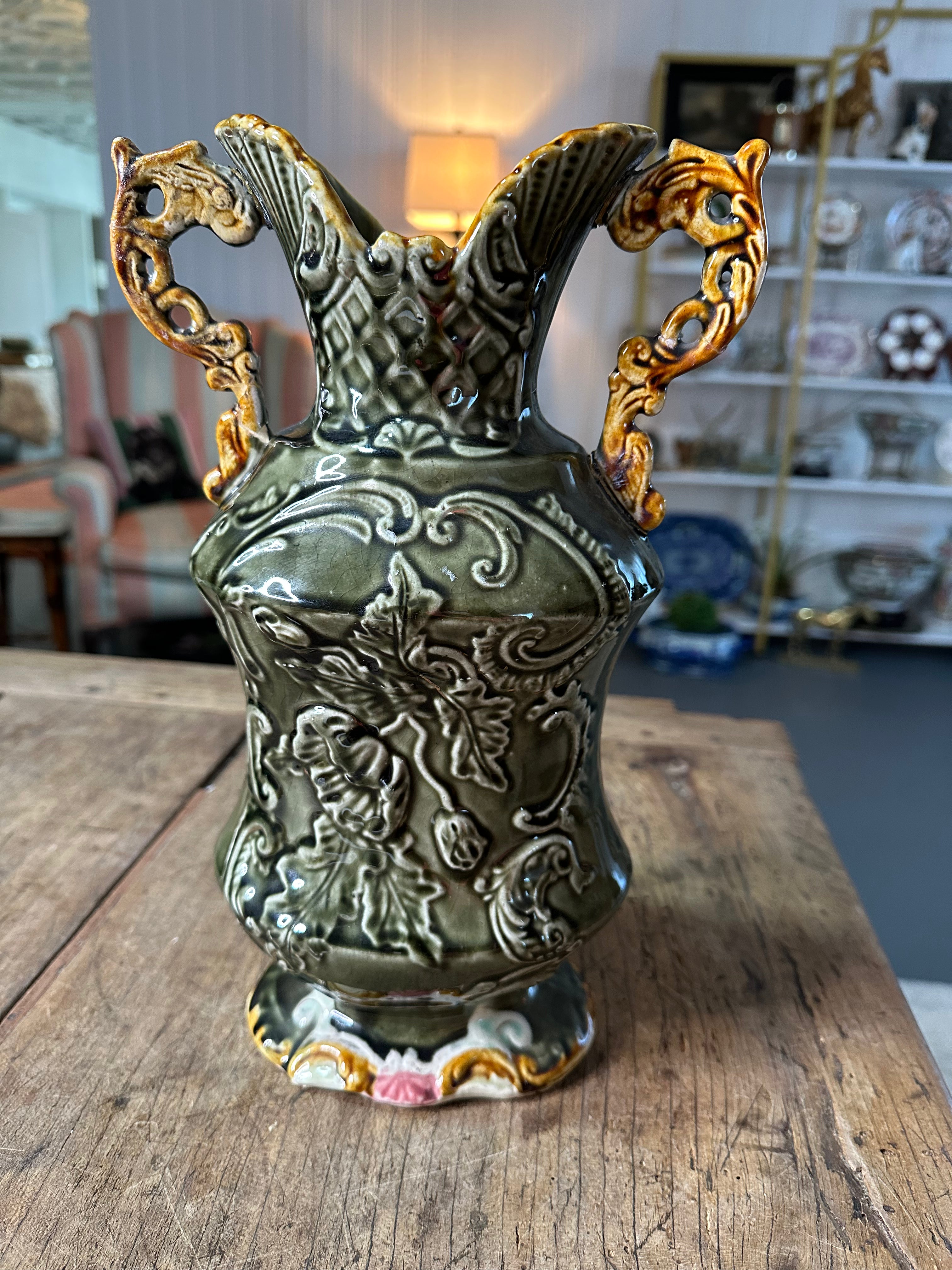 Antique Majolica Reticulated Double-Handled Vase, Circa 1900