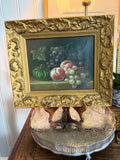 Vintage Oil on Canvas Still Life with Grapes & Gourds in Gilded Wood Frame