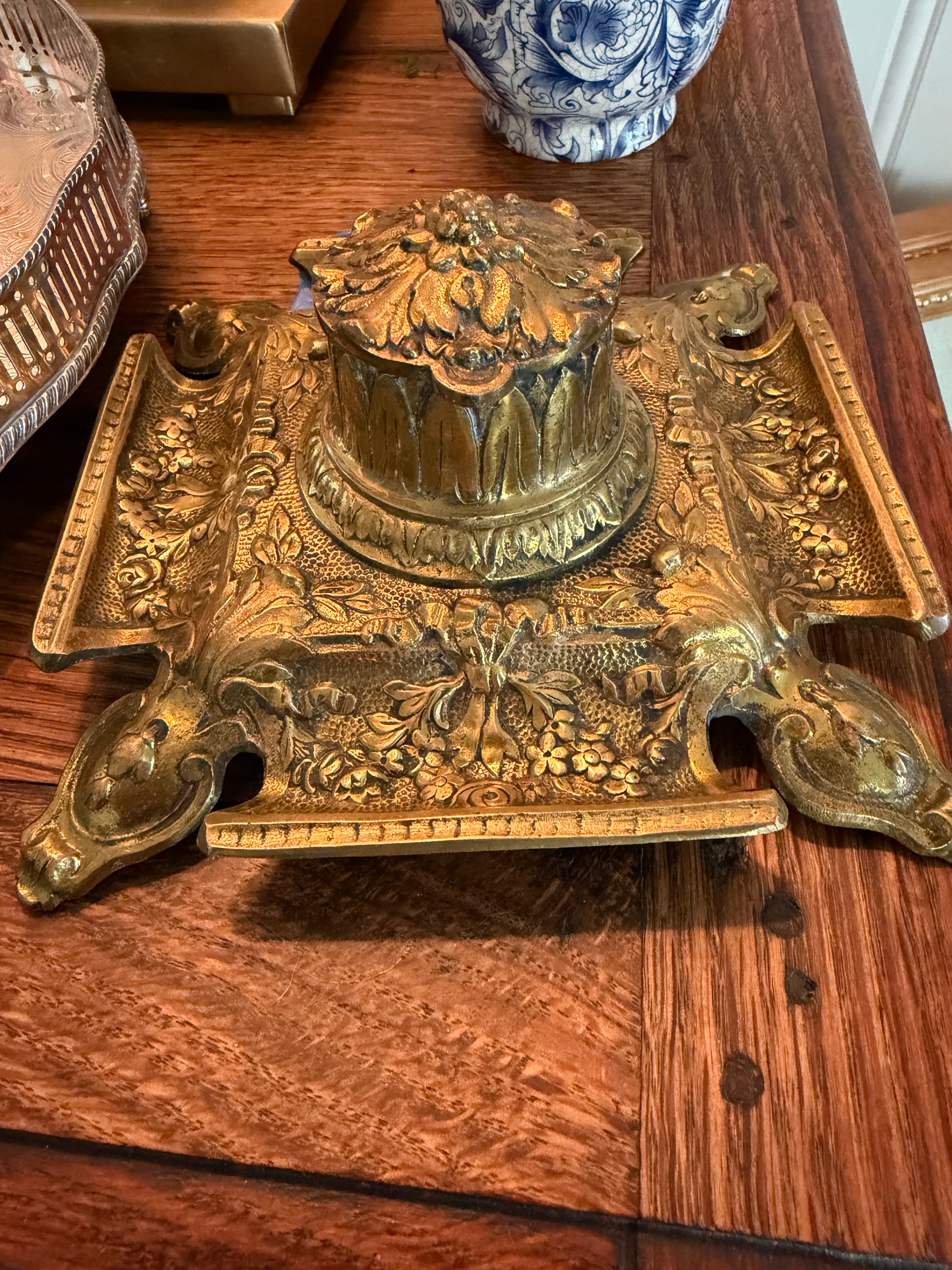 Antique French Ornate Footed Inkwell with Original Glass Insert