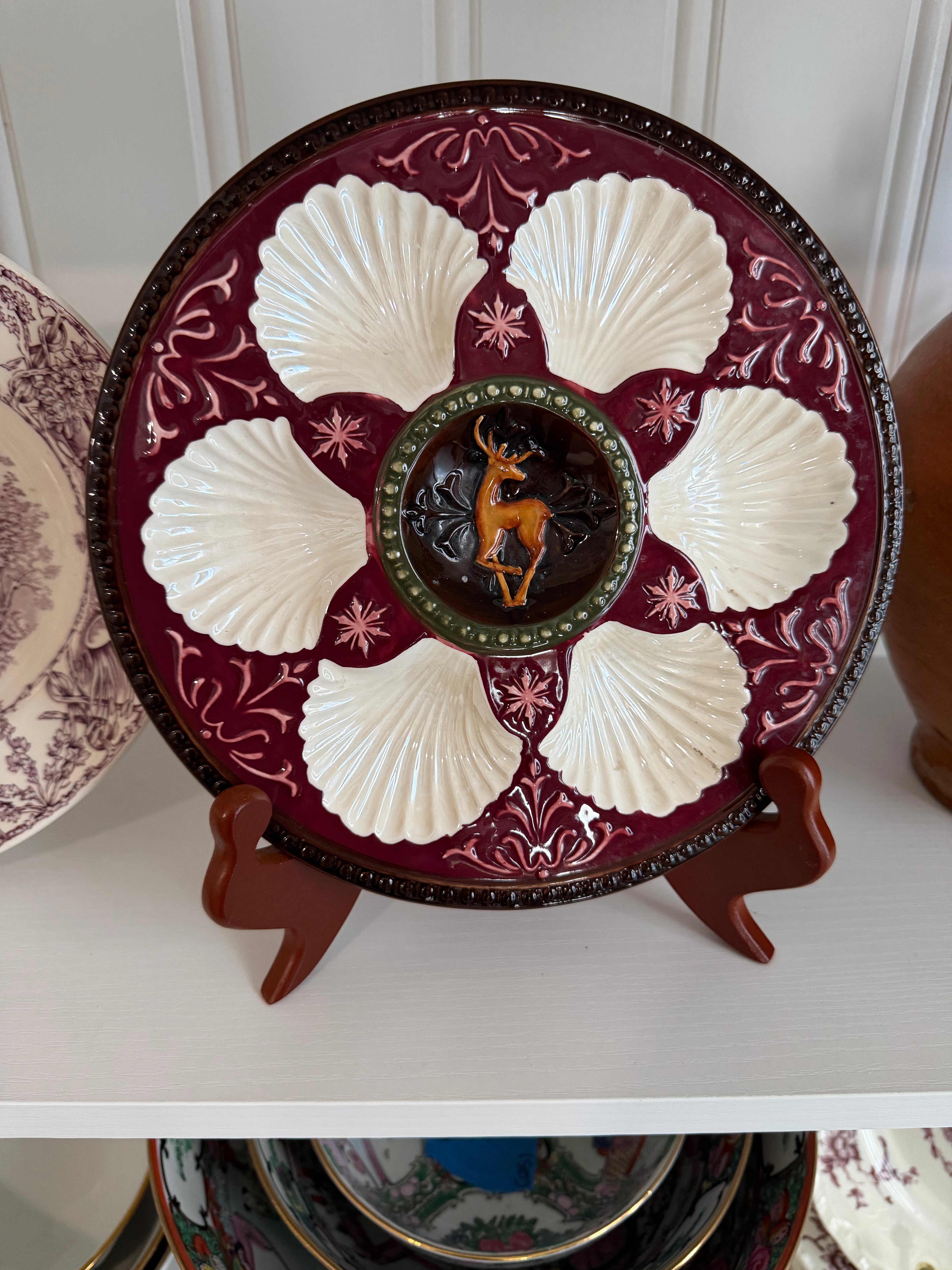 Vintage Oyster Plate with Deer & Rich Red Ground