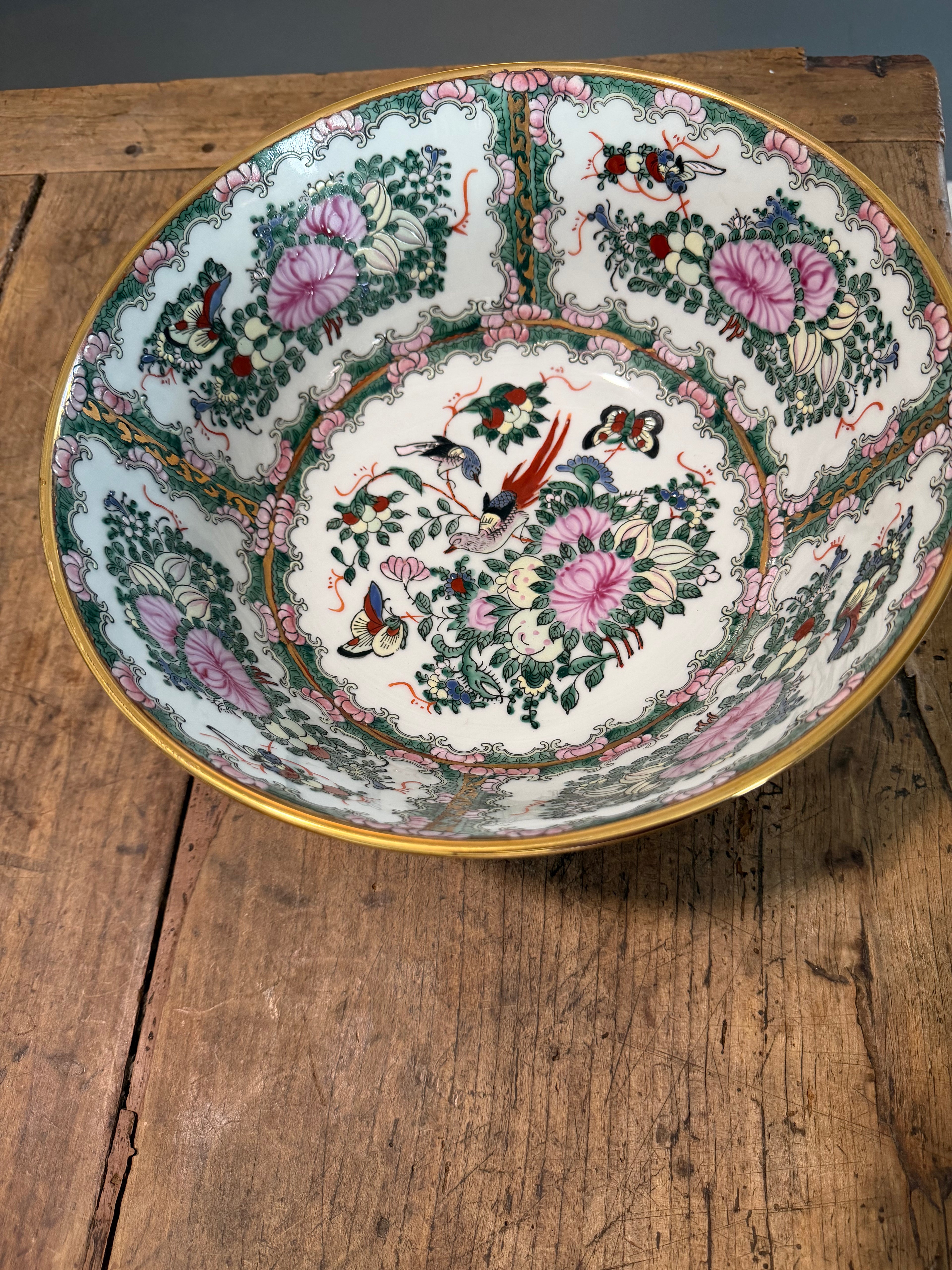 Vintage Rose Canton Porcelain Punch Bowl with Gilt Detail – 12"