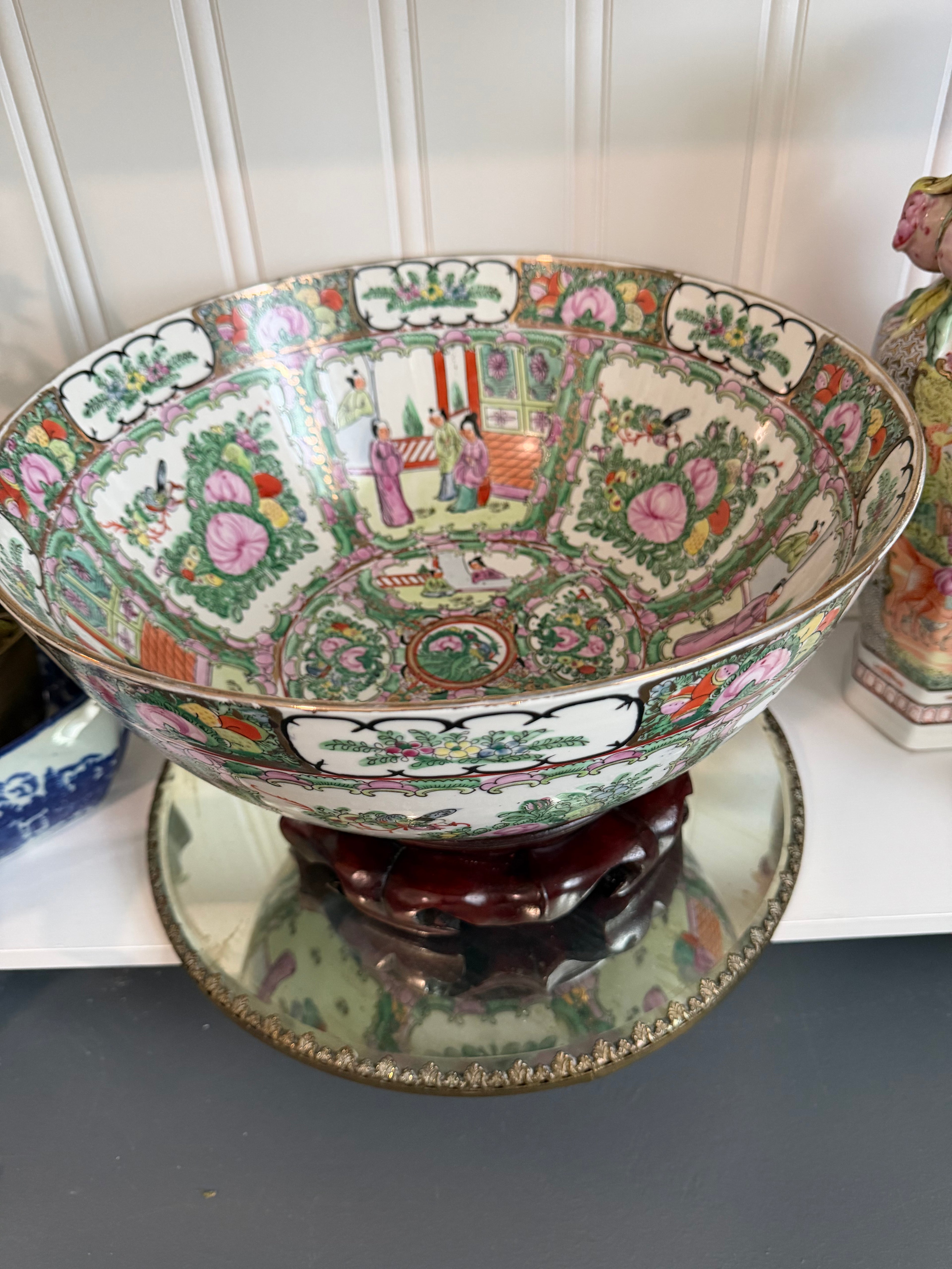 Large Vintage Rose Medallion Porcelain Punch Bowl – 14"