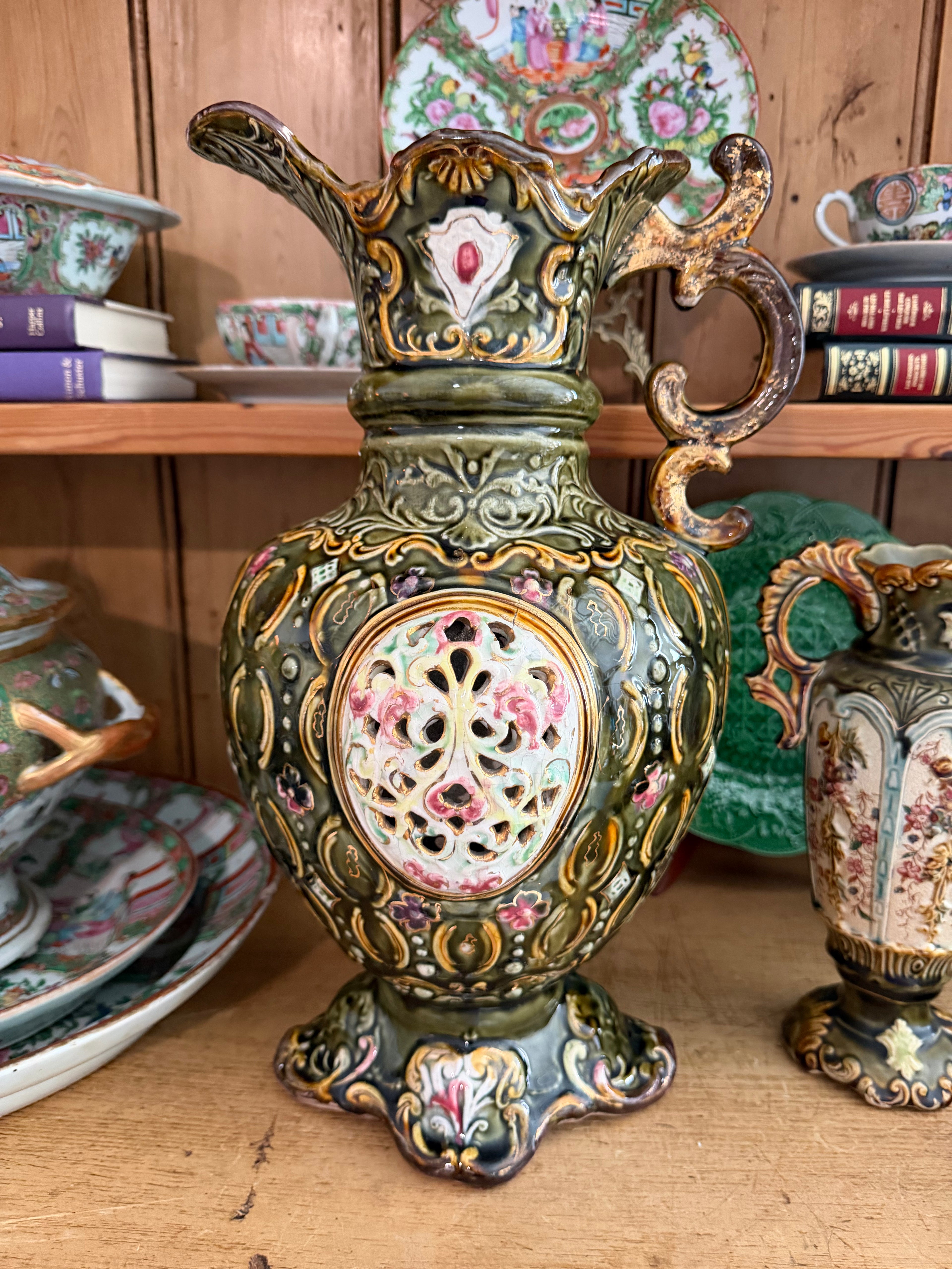 Antique French Majolica Reticulated Pitcher – 16"