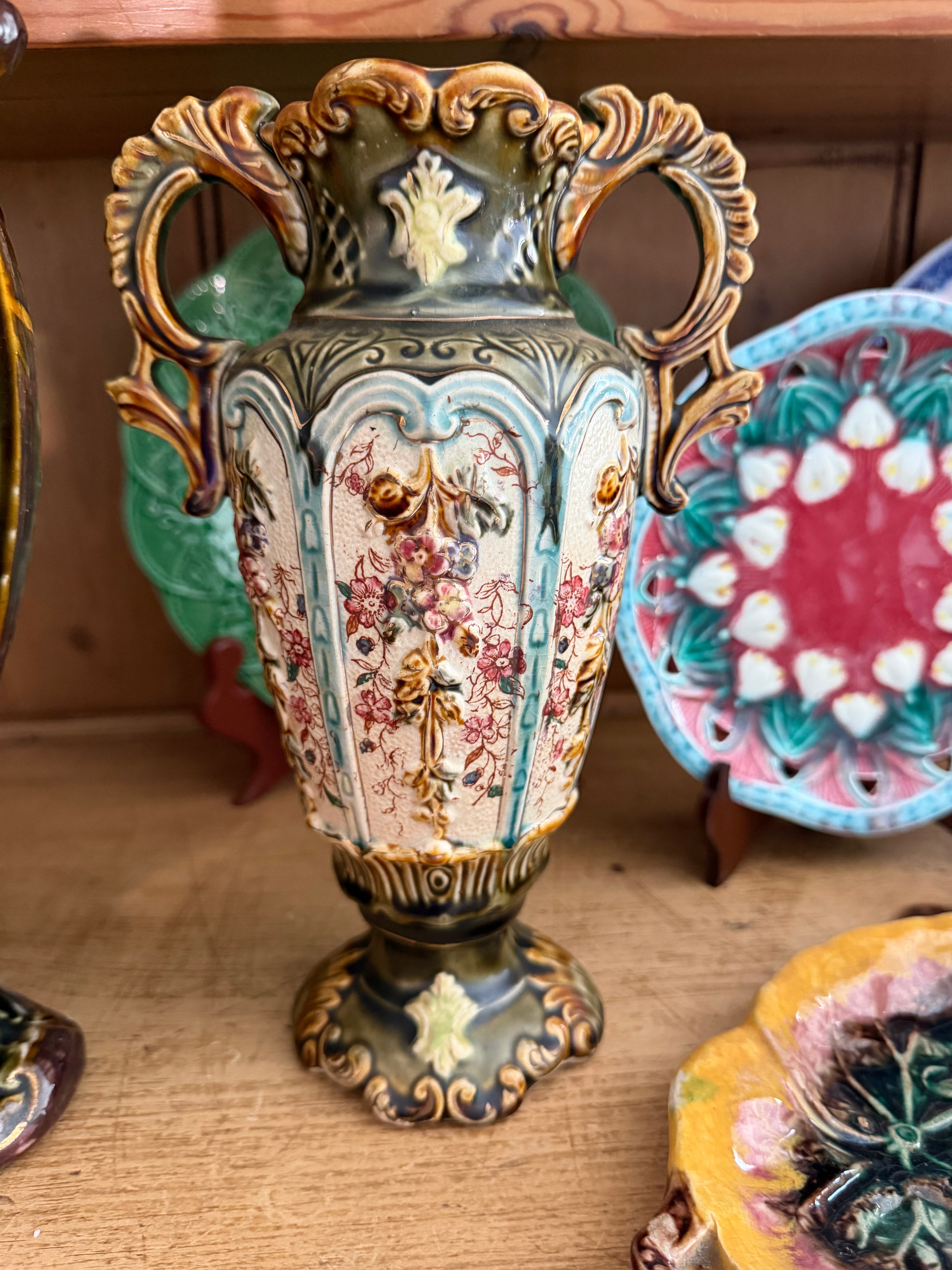 Antique French Majolica Double-Handled Floral Vase – 9½"