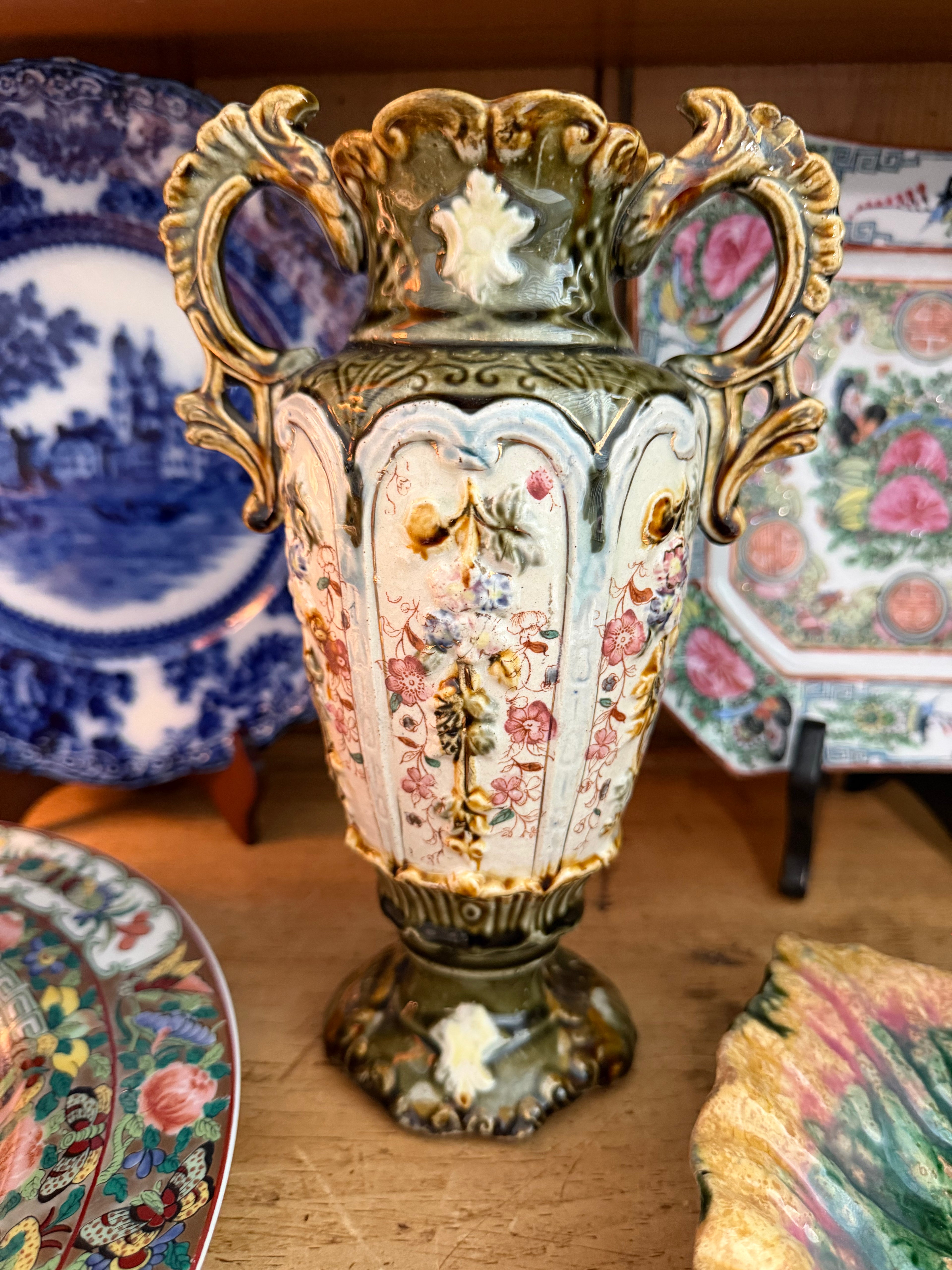 Antique French Majolica Double-Handled Floral Vase – 9¼"