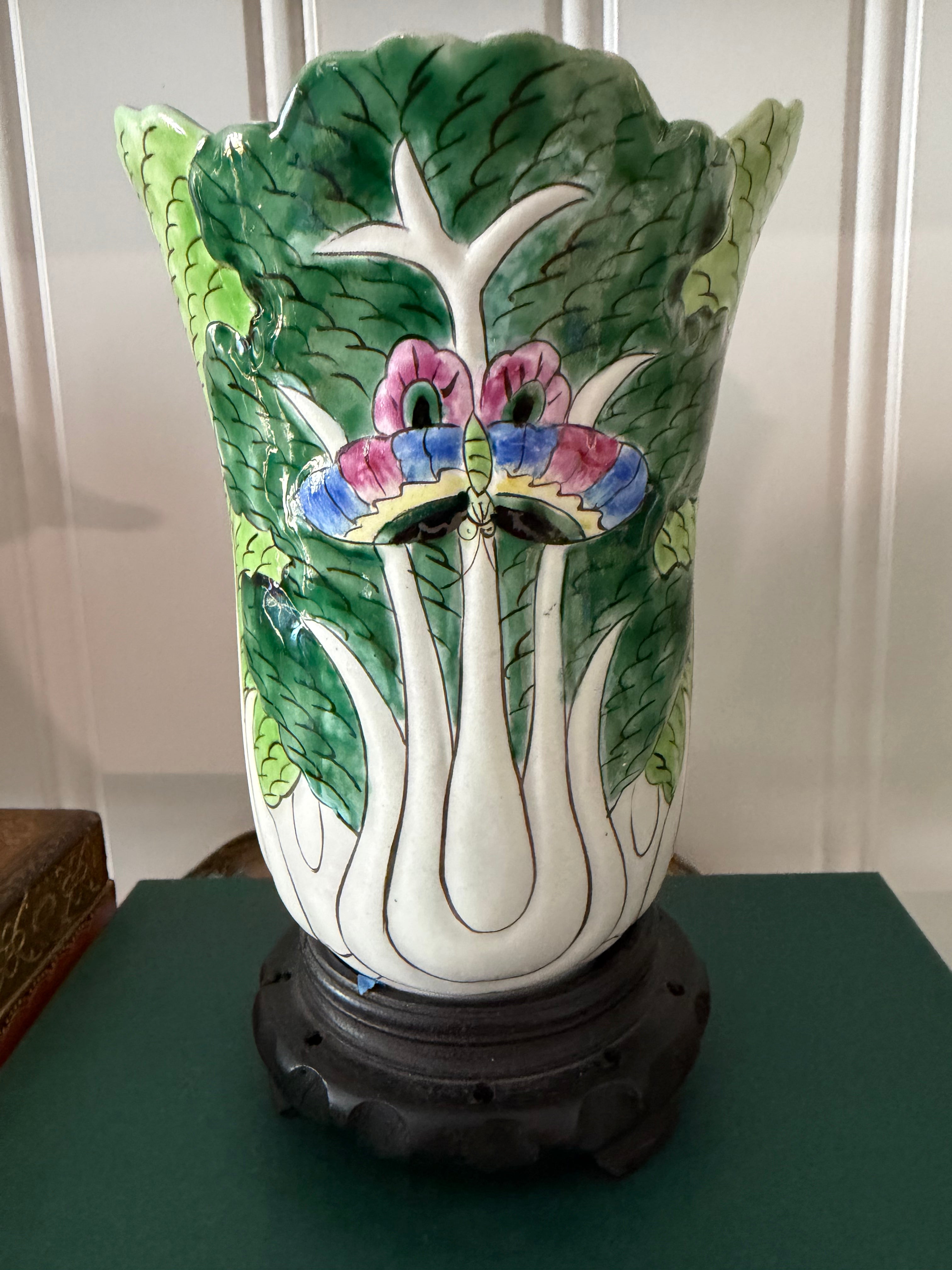 Vintage Chinese Bok Choy & Butterfly Porcelain Vase with Turquoise Interior – 6"