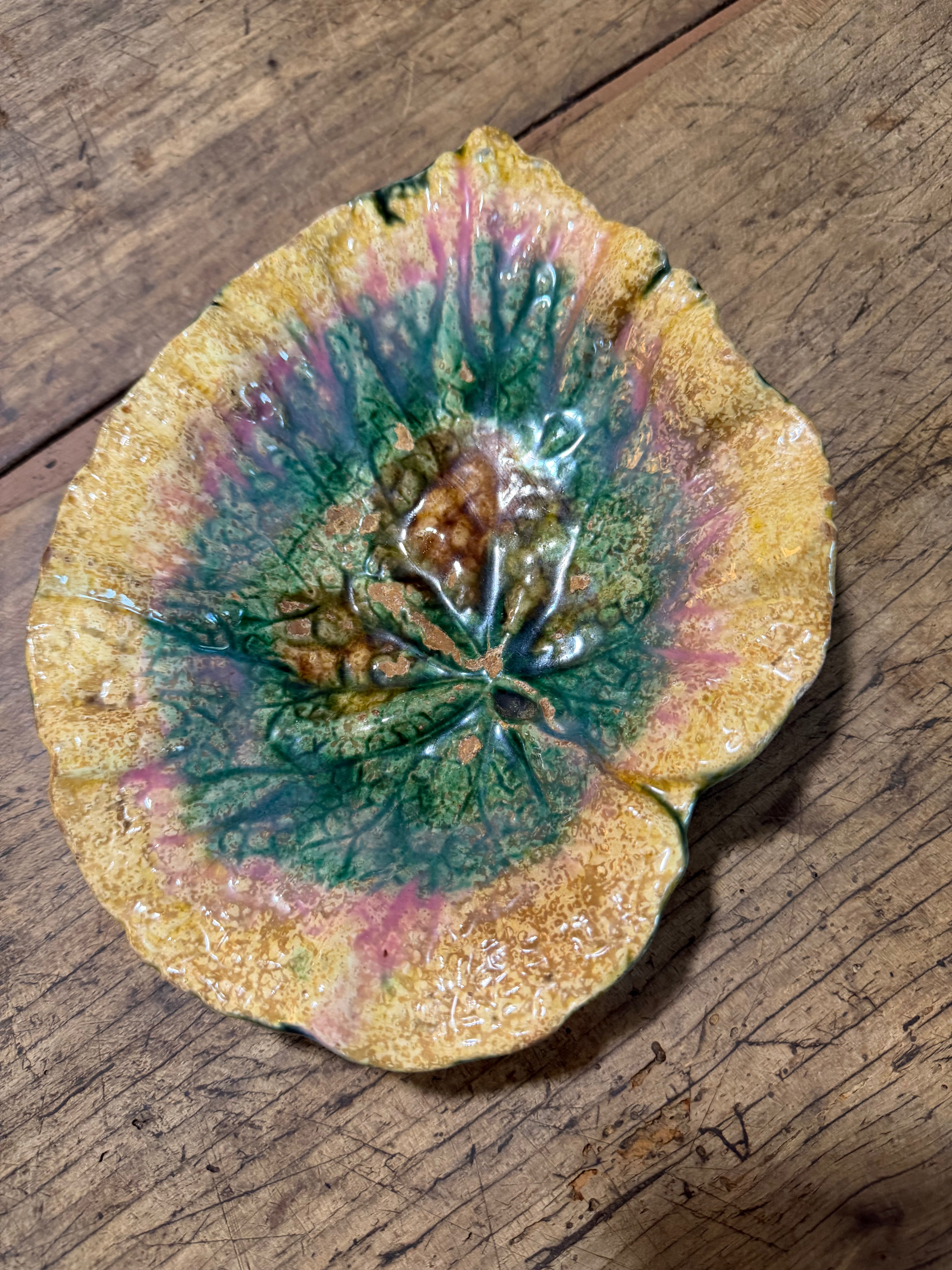 Antique French Gien Majolica Leaf Bowl | 9"