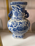 Vintage Blue & White Porcelain Vase with Elephant-Style Handles