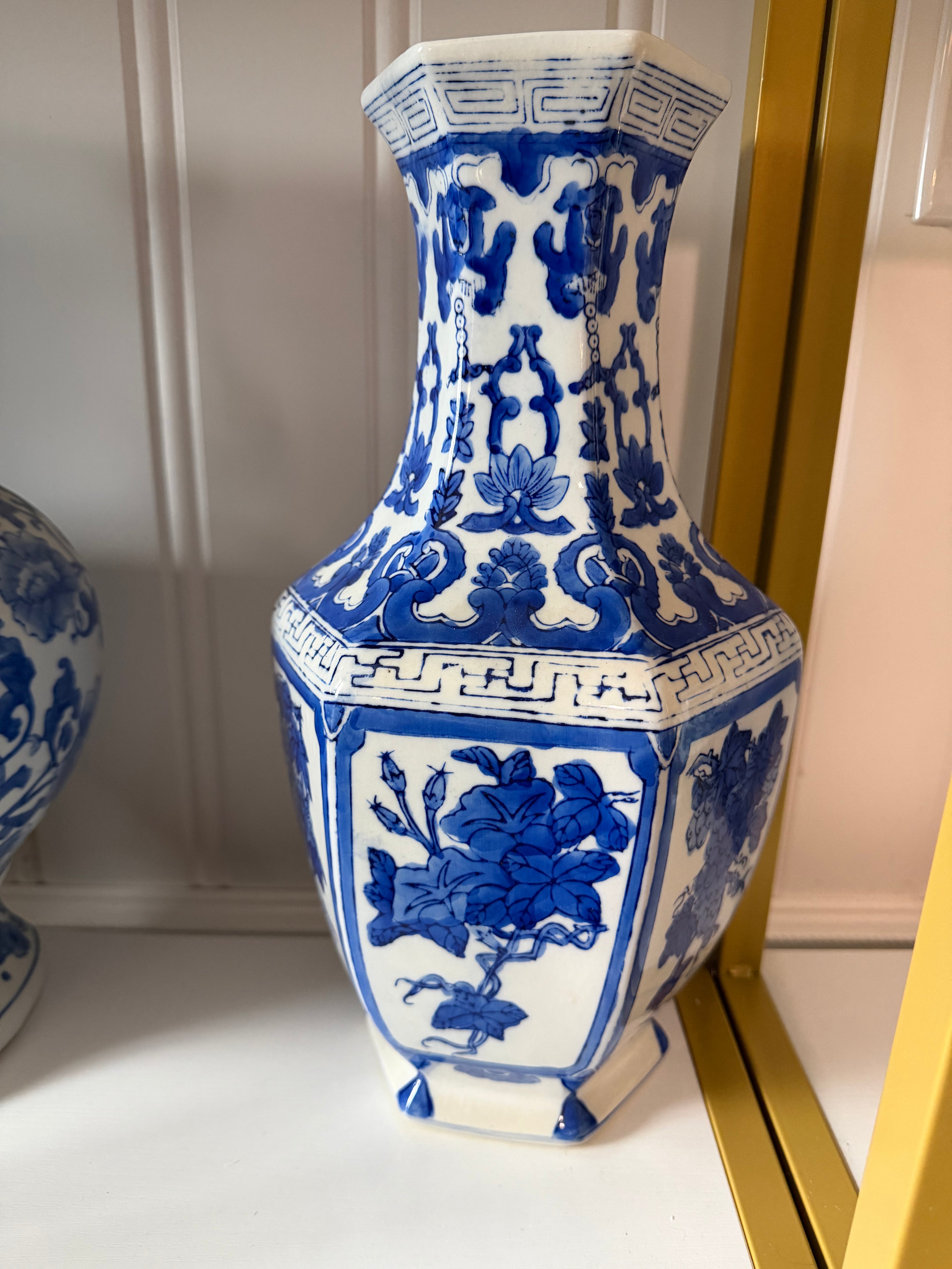 Vintage Blue & White Hexagonal Porcelain Vase | Circa 1980s | 14"