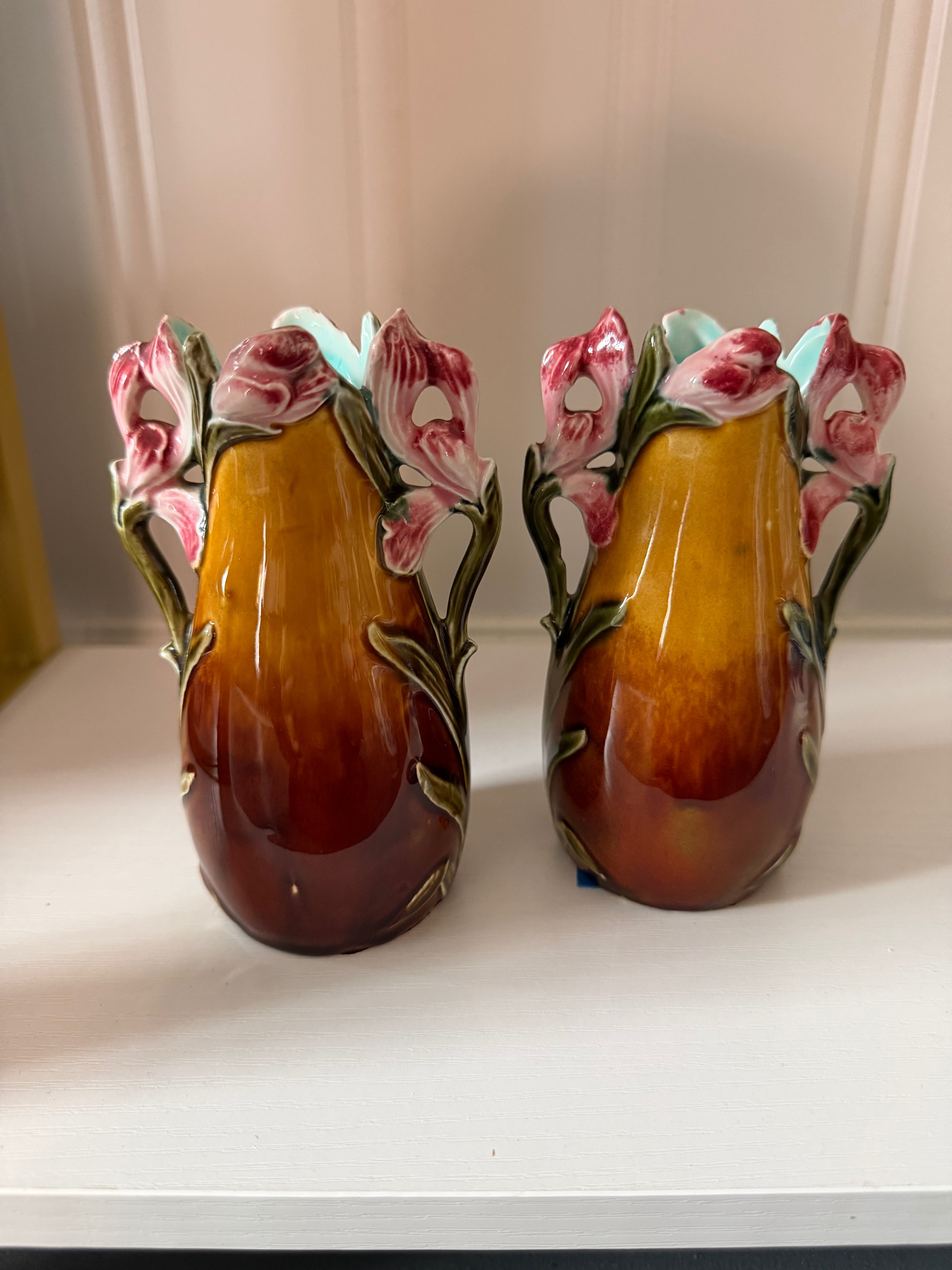 Pair of Vintage Majolica Floral Bud Vases | 5.5"